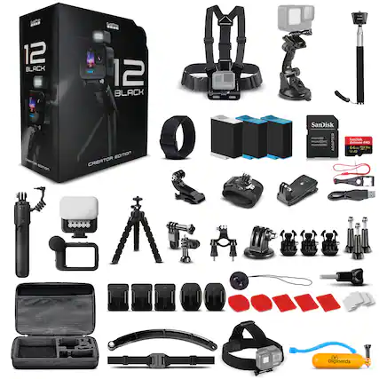 Gopro - 12 Black Creator Edition
- 12 Black
- SanDisk Extreme Pro microSDXC UHS-I U3 64GB
- MicroSD Adapter
- Chest Harness
- Tripod
- Various Mounts and Adapters
- Remote Control
- USB Cable
- Battery Charger
- Batteries
- Protective Case
- Additional Accessories (e.g., filters, straps, etc.)
- Digineerds