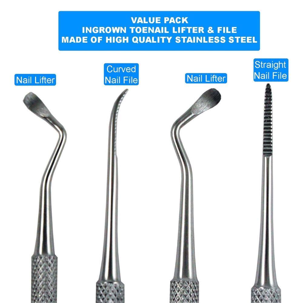 VALUE PACK  
INGROWN TOENAIL LIFTER & FILE  
MADE OF HIGH QUALITY STAINLESS STEEL  

Nail Lifter  
Curved Nail File  
Nail Lifter  
Straight Nail File
