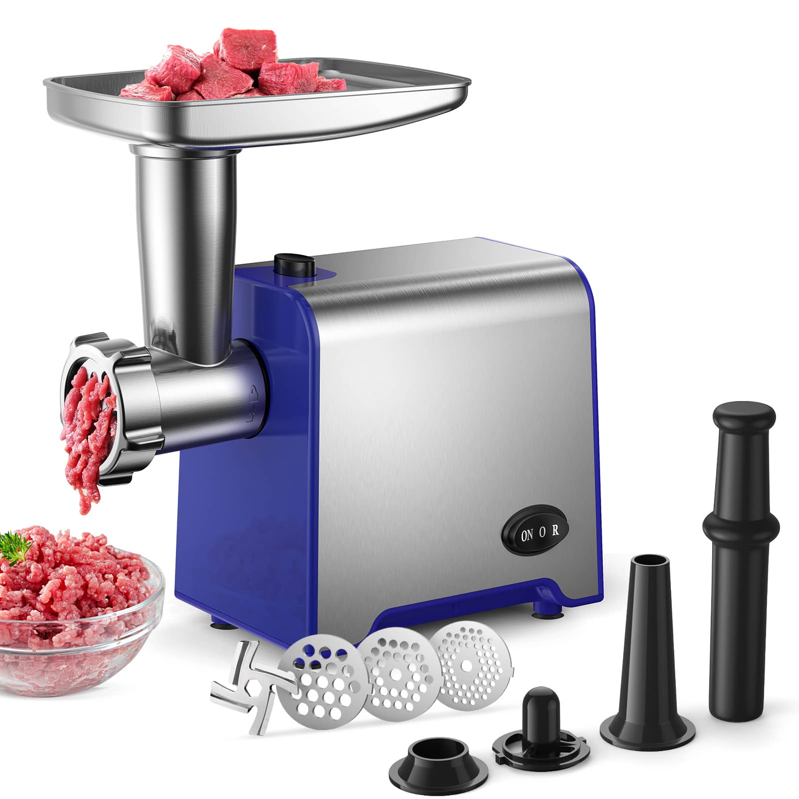 KEINVE - Electric Meat Grinder, 450W Sausage Stuffer Maker with Blade & 3 Plates, Sausage Stuffer Tubes & Kubbe Kit - Blue
