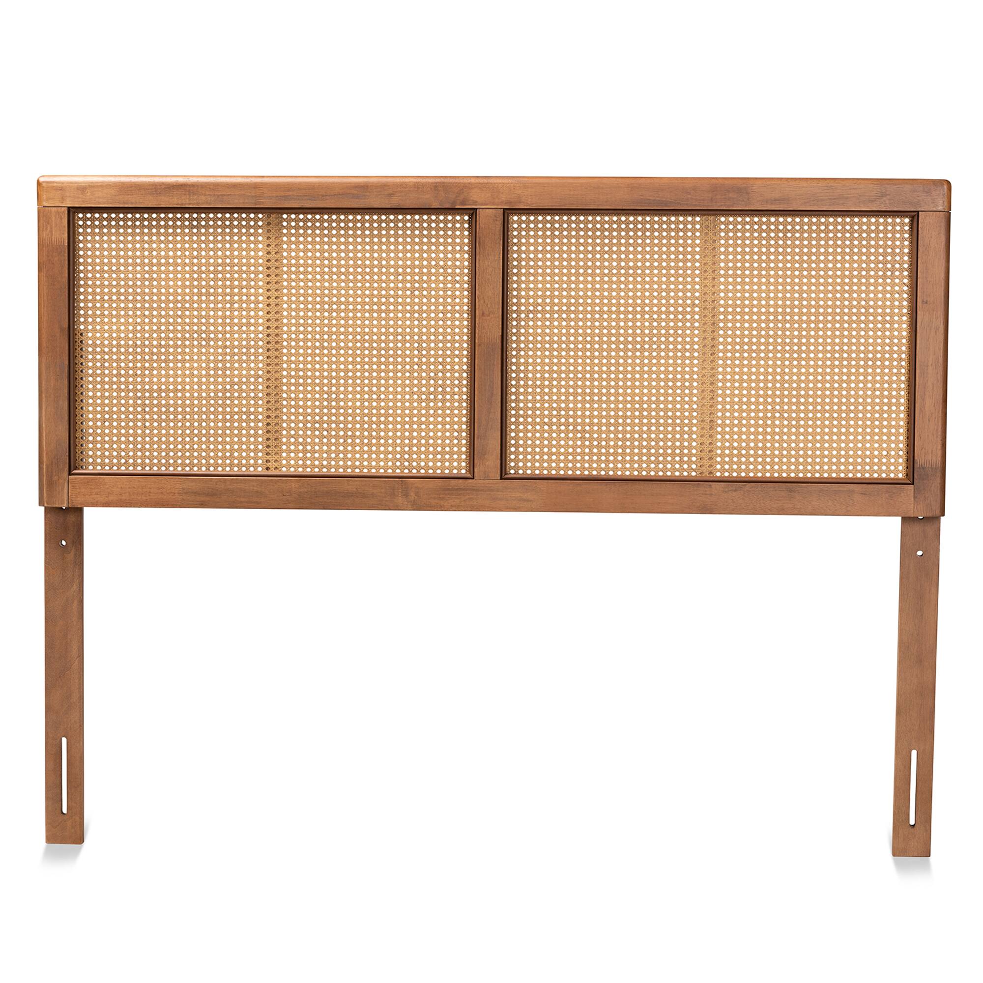 Angle. Baxton Studio - Gilbert Mid-Century Modern Finished Wood and Synthetic Rattan Queen Size Headboard - Ash Walnut.