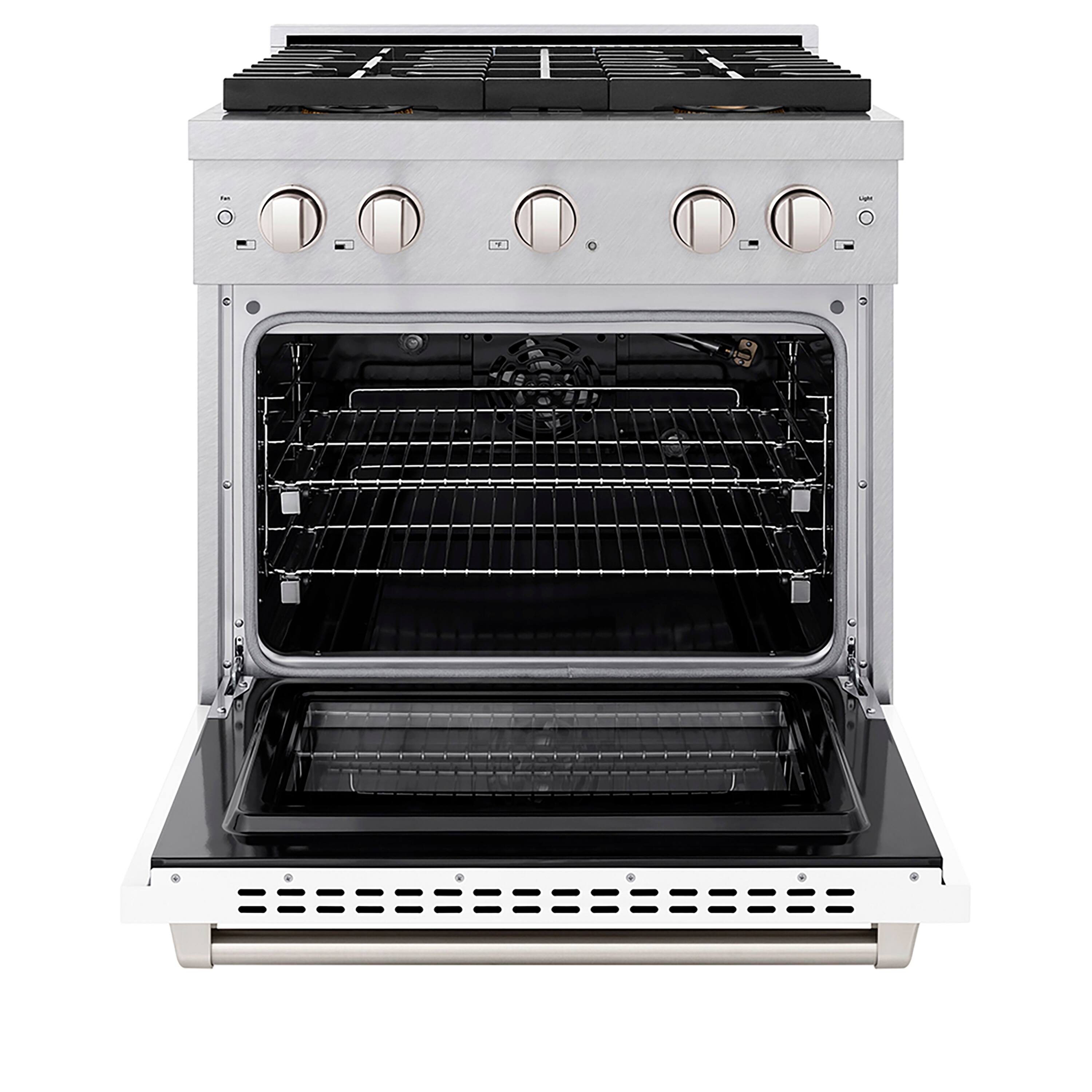 Angle. ZLINE - 30 in. 4.2 cu. ft. Freestanding Paramount Gas DuoPro Range with Convection Oven in Satin Steel with White Matte Door - White Matte.