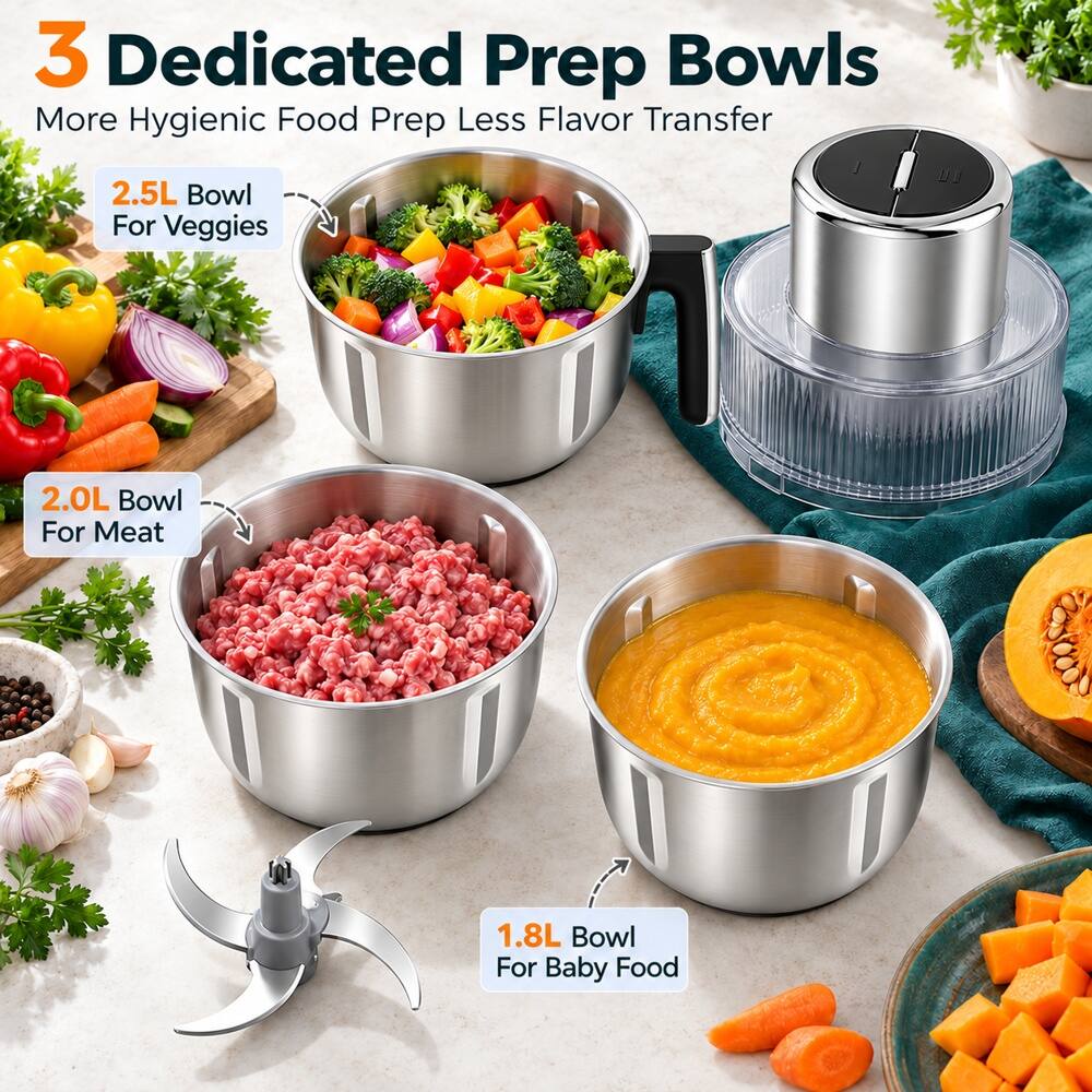 3 Dedicated Prep Bowls  
More Hygienic Food Prep Less Flavor Transfer  
2.5L Bowl For Veggies  
2.0L Bowl For Meat  
1.8L Bowl For Baby Food