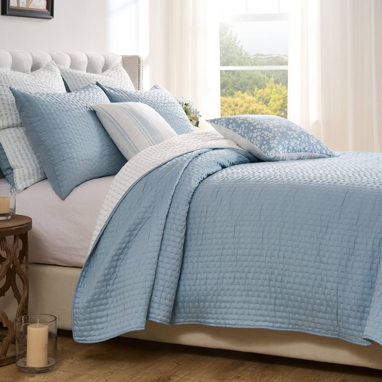 Back. Greenland Home Fashions - Greenland Home Fashions Homestead 100% Woven Polyester Jacquard 3-Piece Full/Queen Coverlet Set Sky Blue - Sky Blue.