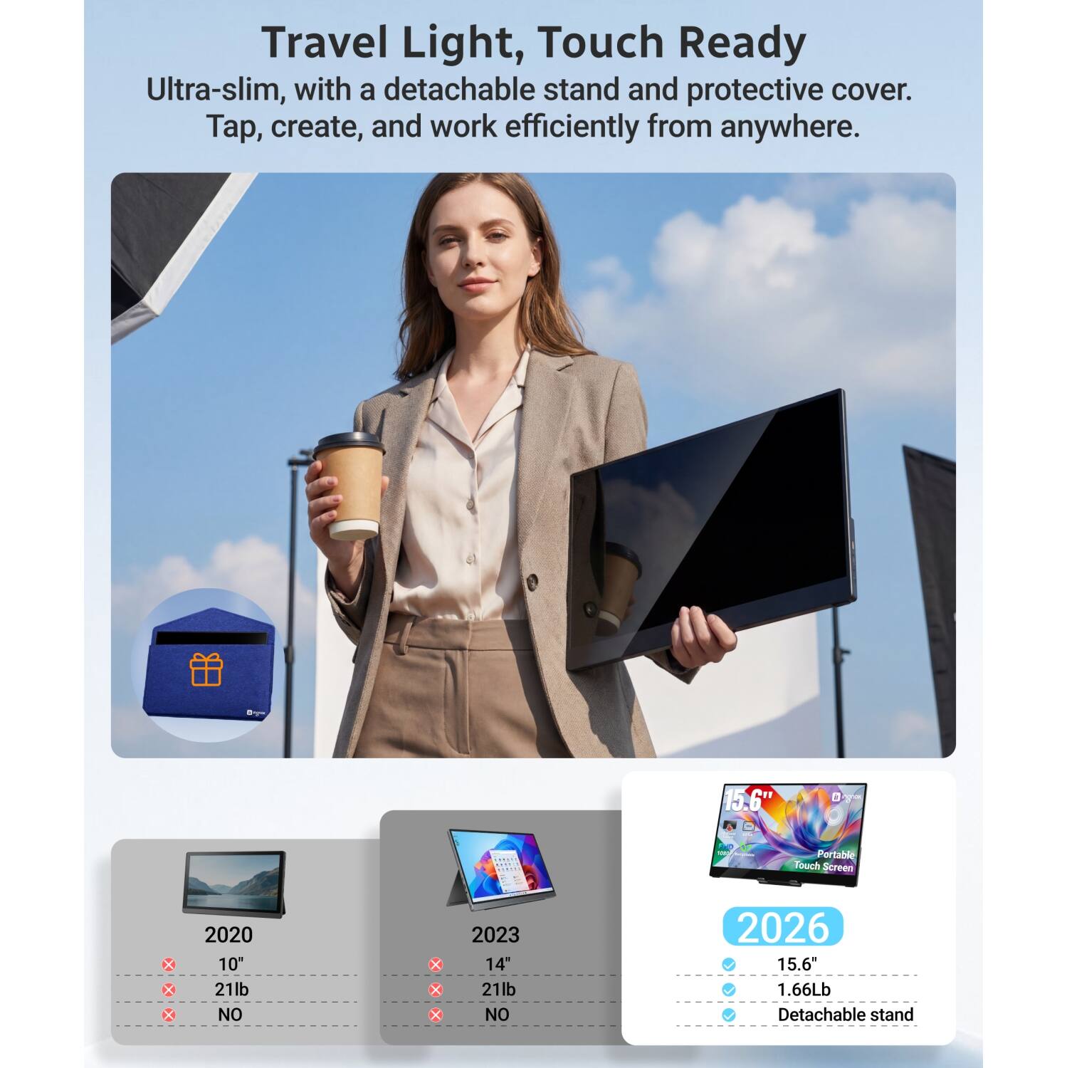 Travel Light, Touch Ready Ultra-slim, with a detachable stand and protective cover. Tap, create, and work efficiently from anywhere.

Dayan
15.6%

Portable Touch Screen
2020 10" 21lb NO
2023 14" 21lb NO
2026 15.6" 1.66Lb Detachable stand