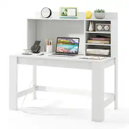 Gymax - Home Office Computer Desk Study Table Writing Workstation Hutch Cable Hole - White