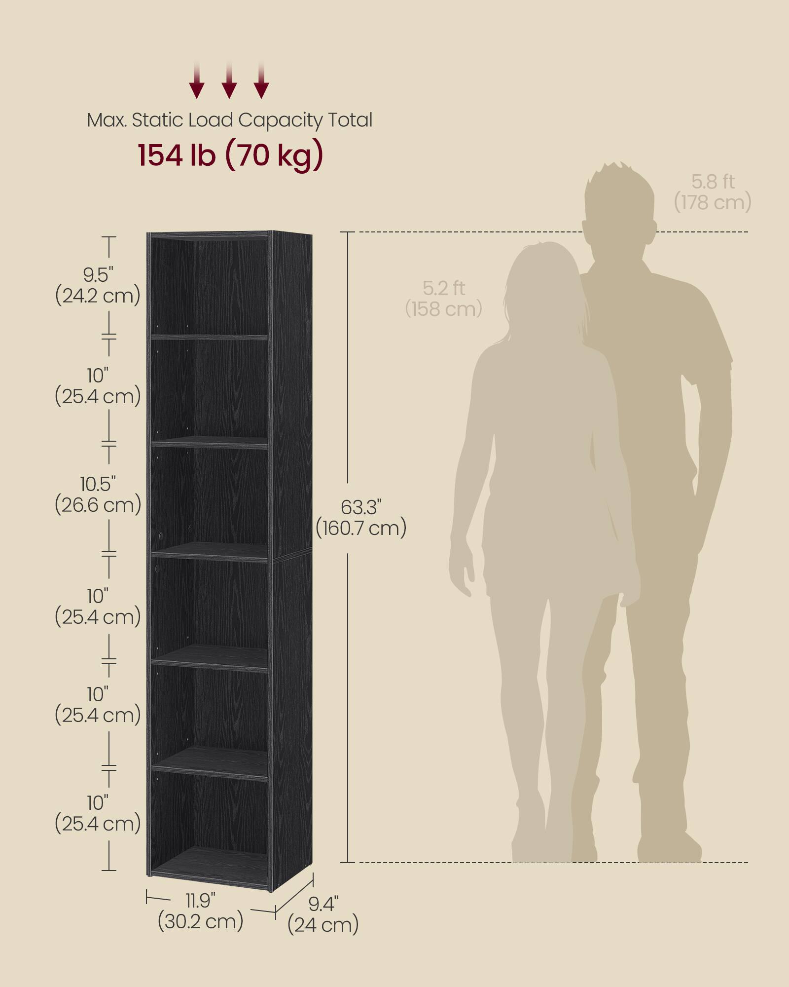 Max. Static Load Capacity Total  
154 lb (70 kg)

9.5" (24.2 cm)  
10" (25.4 cm)  
10.5" (26.6 cm)  
10" (25.4 cm)  
10" (25.4 cm)  
10" (25.4 cm)  
11.9" (30.2 cm)  
9.4" (24 cm)

5.2 ft (158 cm)  
5.8 ft (178 cm)  
63.3" (160.7 cm)