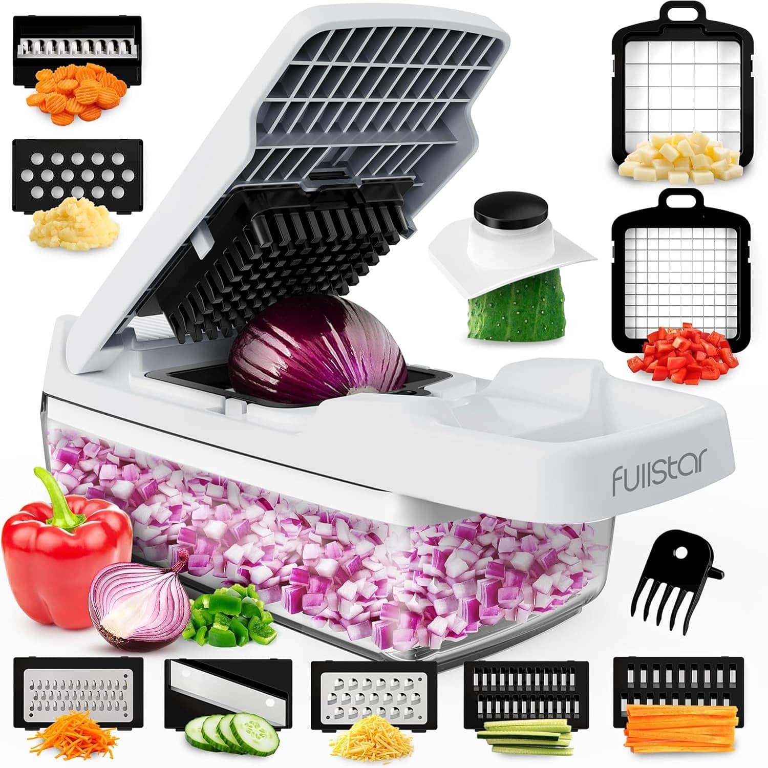 PARKER SLATER - 9-in-1 Vegetable Chopper & Mandoline Slicer with Container, Cheese Grater – Essential Kitchen Gadget (Lite) - Black/White