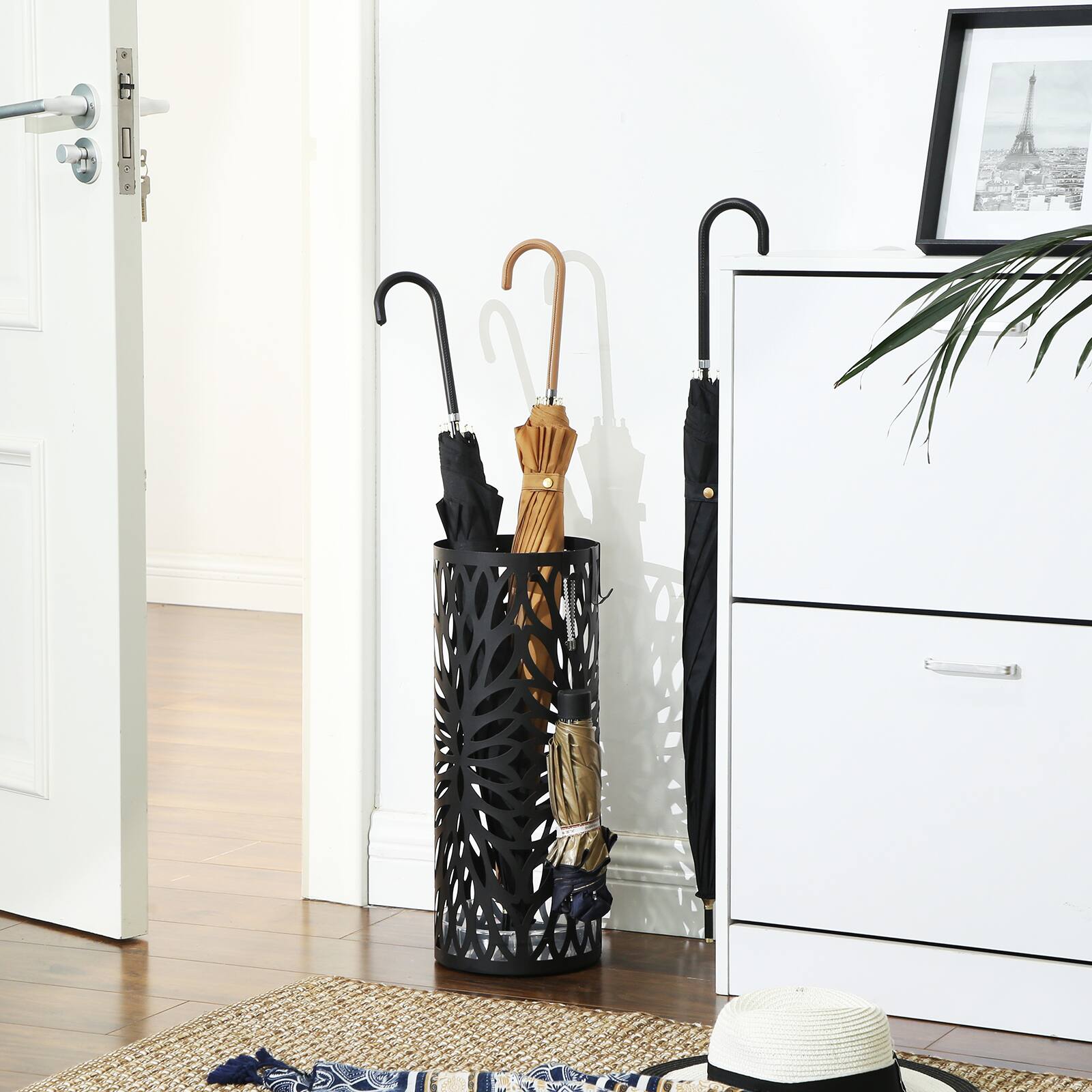 Songmics Home - Umbrella Stand, Umbrella Holder for Entryway, Steel Round Umbrella Rack Organizer Freestanding, for Canes Walking Sticks - Matte Black