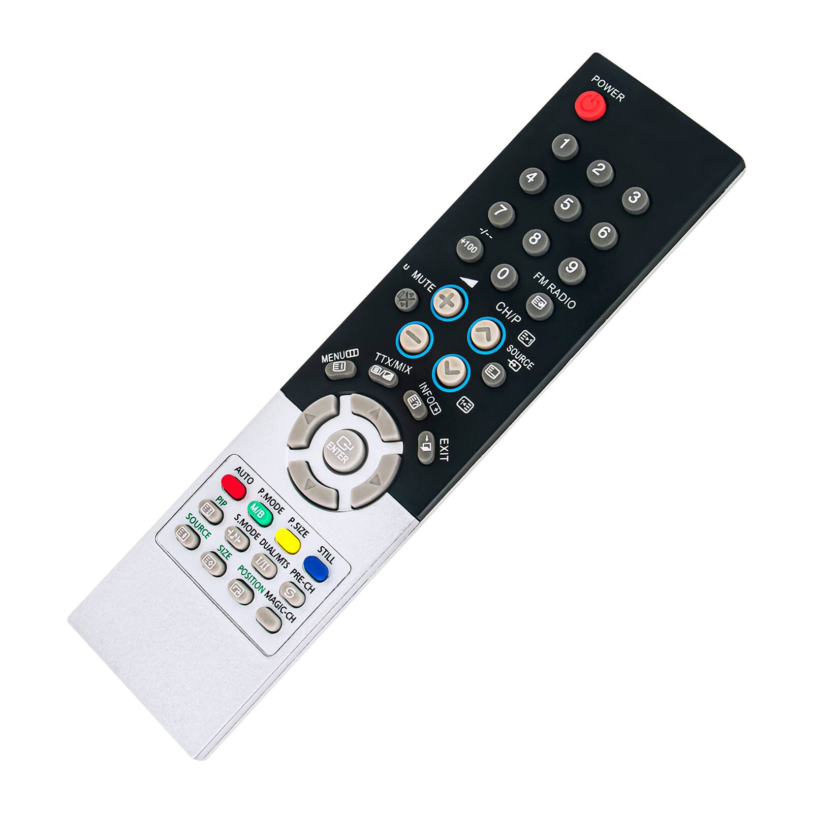 POWER 1 2 3 4 5 6 7 8 9 0 +-- MUTE FM RADIO CH/P MENU CD TTX/MIX SOURCE CM L - INFOC ENTER EXIT AUTO P PIP P.MODE M/B H SOURCE S.MODE P.SIZE SIZE DUAL/MTS STILL CC UII 2 POSITION 5 PRE-CH CH MAGIC-CH 3