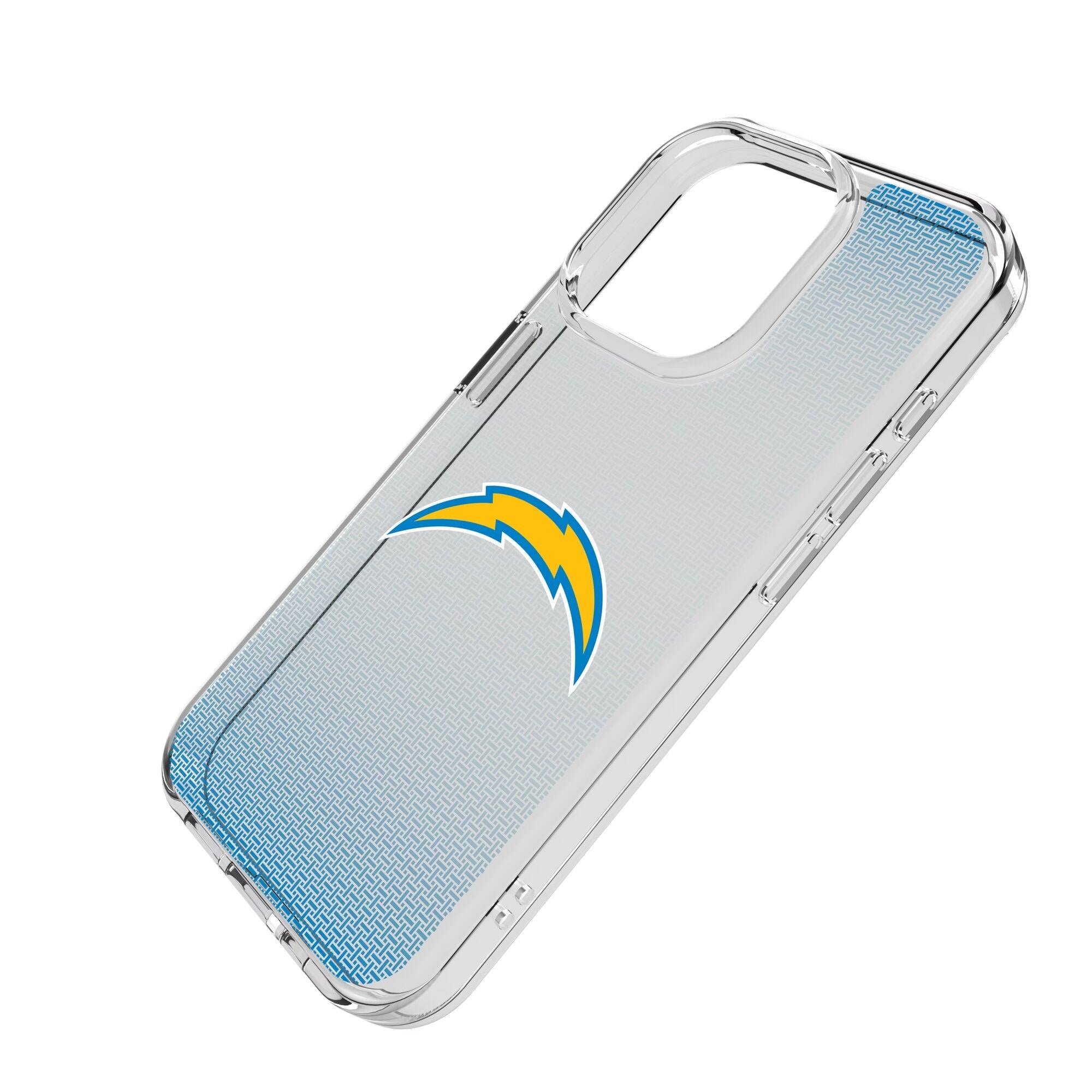Alt View 1. Keyscaper - Los Angeles Chargers Linen Logo iPhone Clear Case - 15 Plus - Multicolor.
