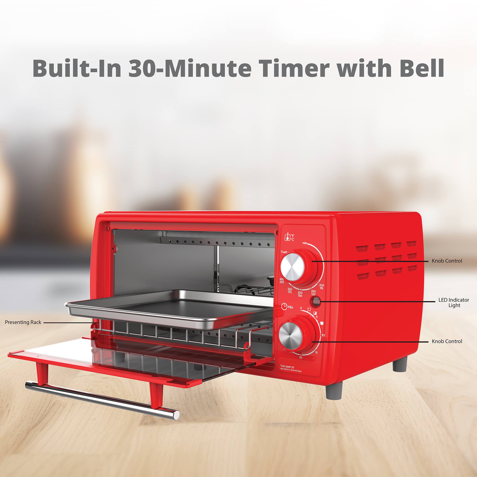 Built-In 30-Minute Timer with Bell  
- Knob Control  
- LED Indicator Light  
- Presenting Rack