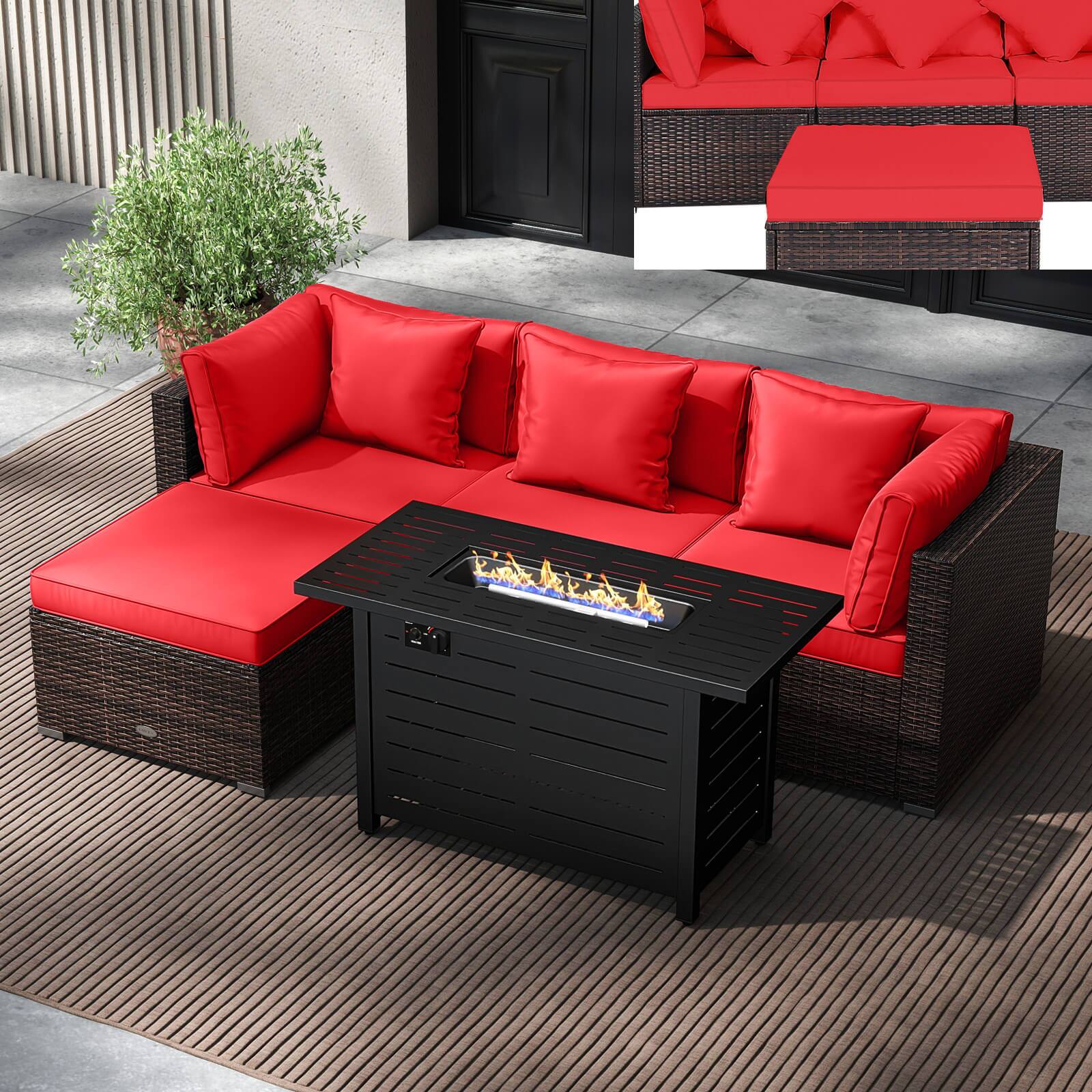 Alt View 1. Costway - Costway 5 PCS Patio Furniture Set Heavy-duty Frame Sofa Set with 60,000 BTU Firepit Table - Red.