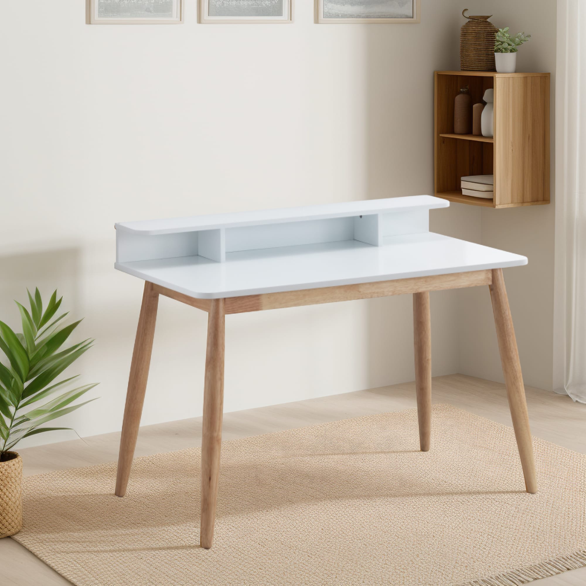 GOODSILO - Mid-Century Modern Wooden Writing Desk with Storage Hutch in Two-Tone Finish for Home Office - White