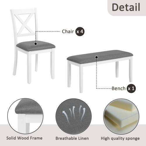 Detail  
Chair X 4  
Bench X 1  
Solid Wood Frame  
Breathable Linen  
High quality sponge