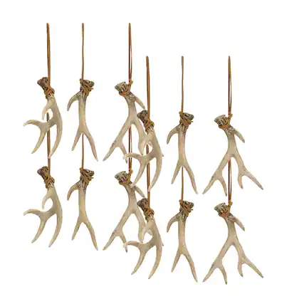Front. BreeBe - Rustic Deer Antler Hanging Ornament with Rope Tie (Set of 12) - Brown.
