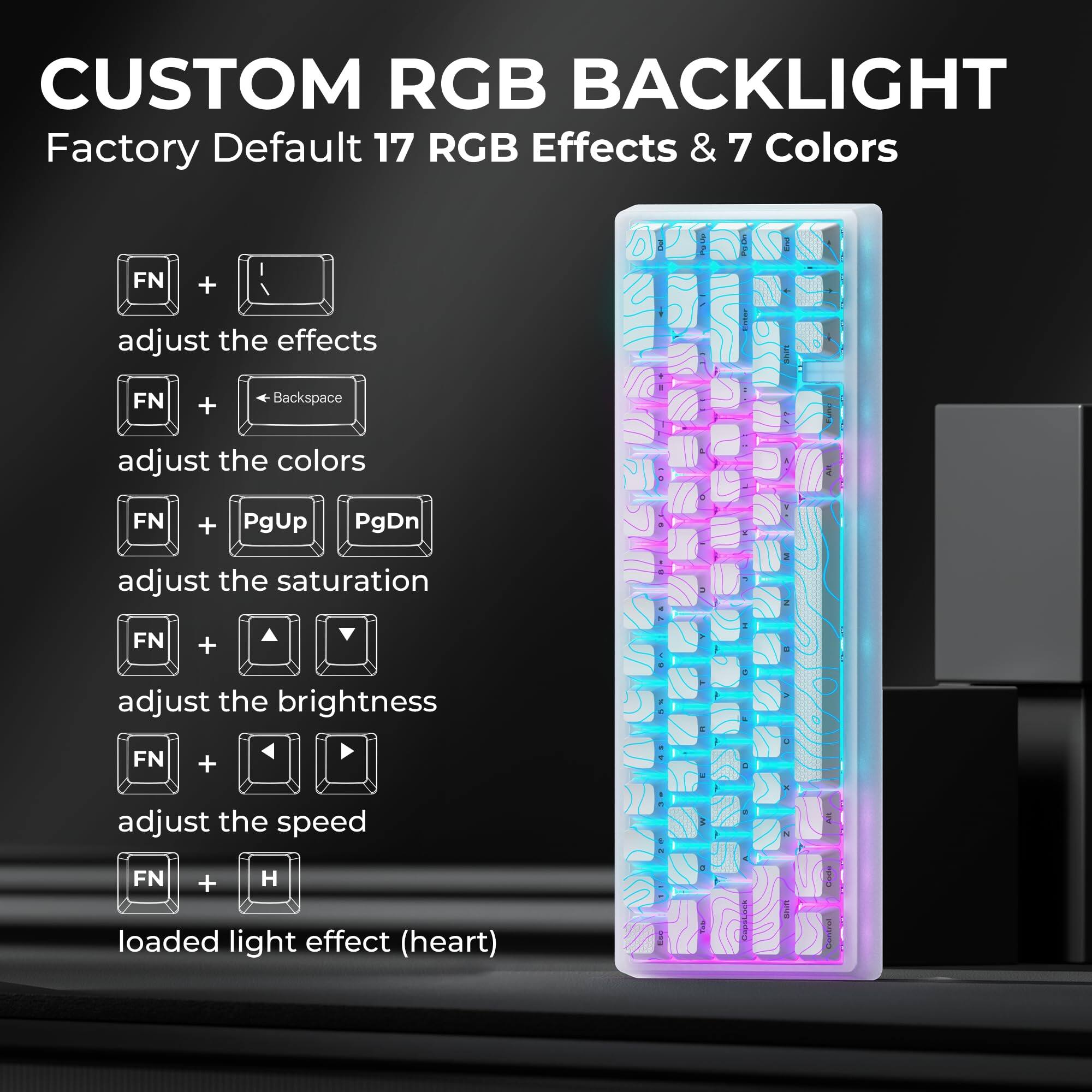 CUSTOM RGB BACKLIGHT  
Factory Default 17 RGB Effects & 7 Colors  

- FN + adjust the effects  
- FN + Backspace adjust the colors  
- FN + PgUp PgDn adjust the saturation  
- FN + adjust the brightness  
- FN + adjust the speed  
- FN + H loaded light effect (heart)