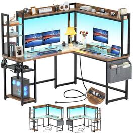 Aheaplus - Gaming L-Desk With Power Outlets, LED Lights & Storage - Reversible Home Office Desk With Monitor Stand - Rustic Brown