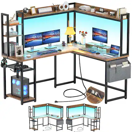 Front. Aheaplus - Gaming L-Desk With Power Outlets, LED Lights & Storage - Reversible Home Office Desk With Monitor Stand - Rustic Brown.