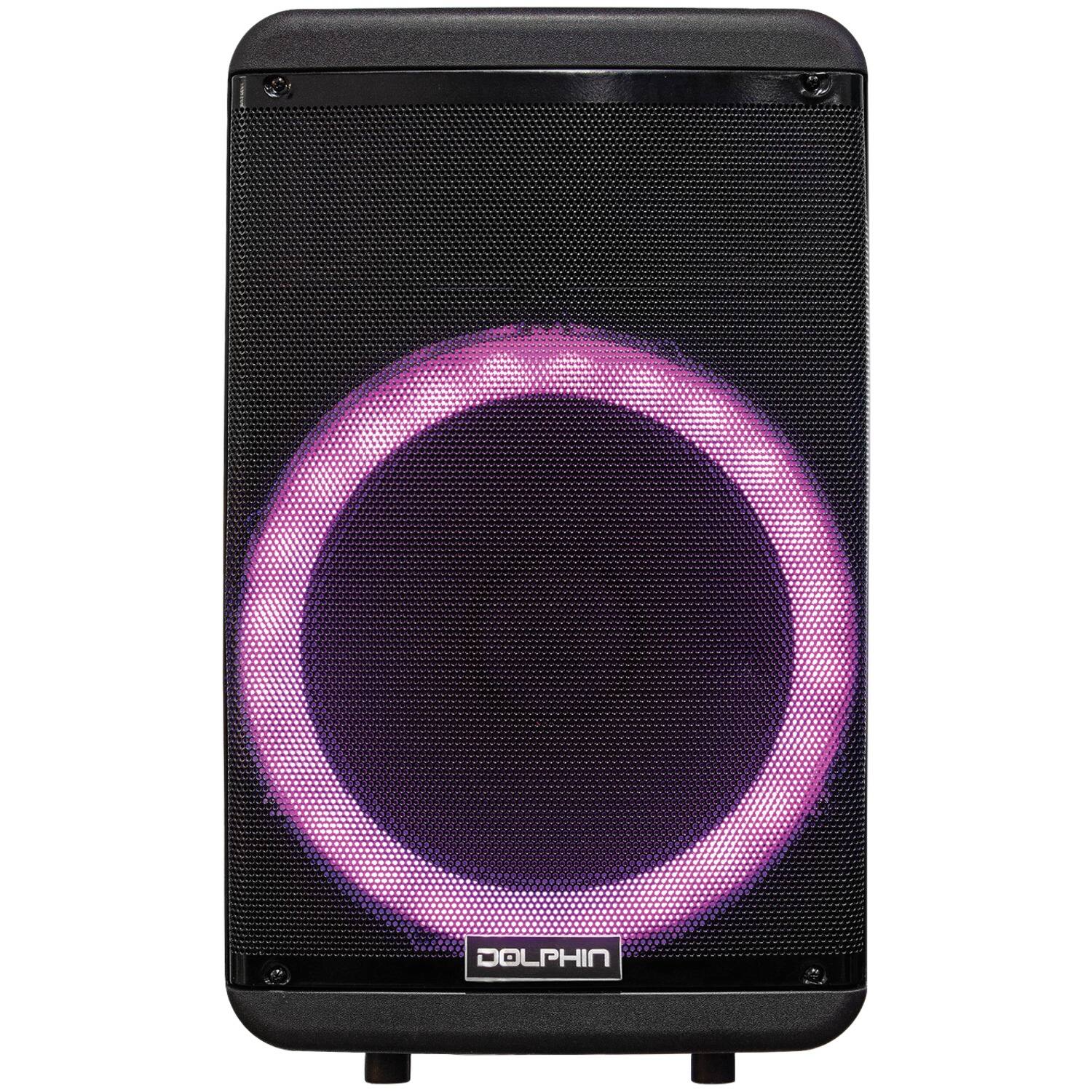Front. Dolphin Audio - 3600W Bluetooth Rechargeable Party Speaker, 15" Woofer, Lights, Wired Mic, Remote - Black.