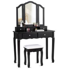 Costway - Tri Folding Mirror Vanity Makeup Table Stool Set - Black