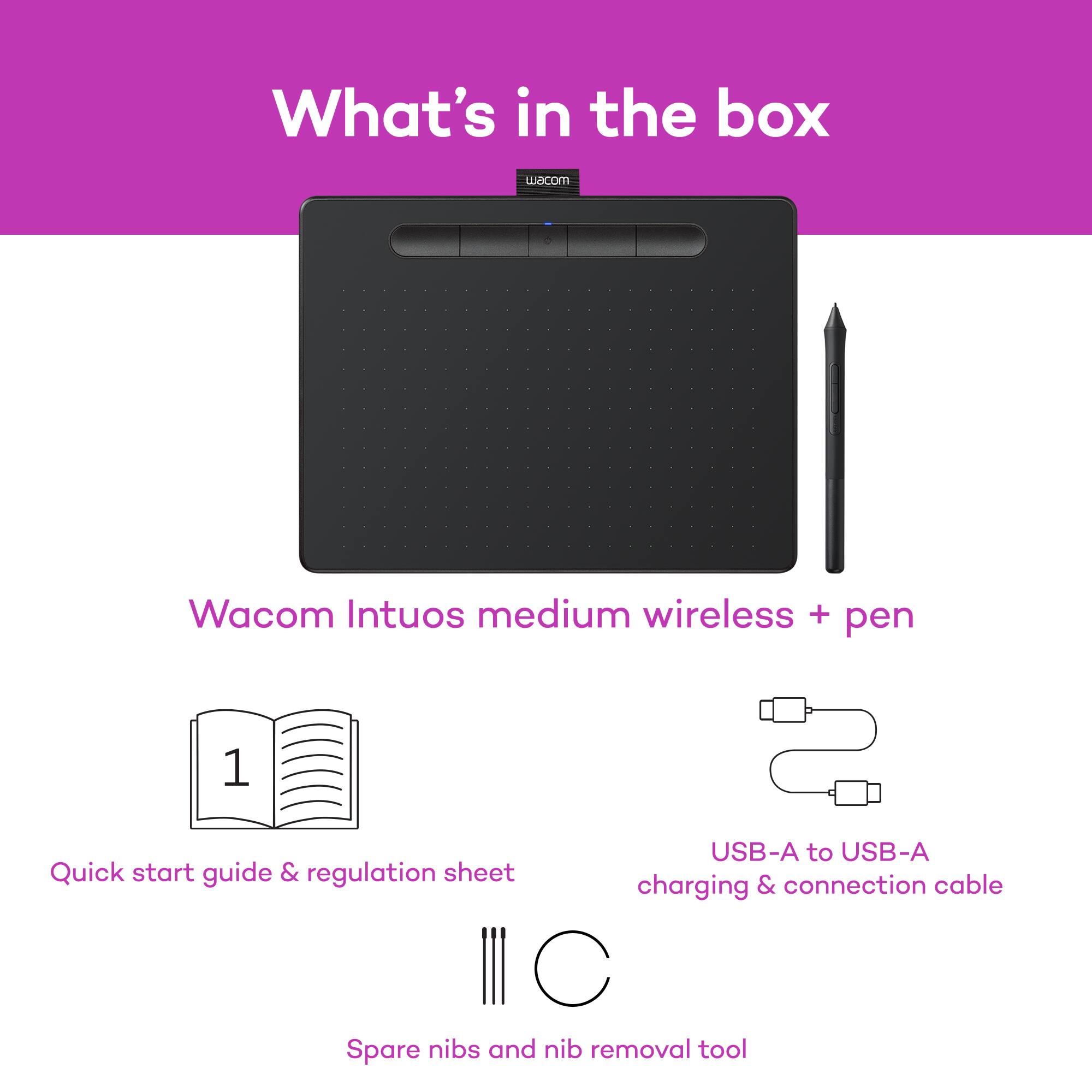 What's in the box

Wacom Intuos medium wireless + pen

1. Quick start guide & regulation sheet
2. USB-A to USB-A charging & connection cable
3. Spare nibs and nib removal tool
