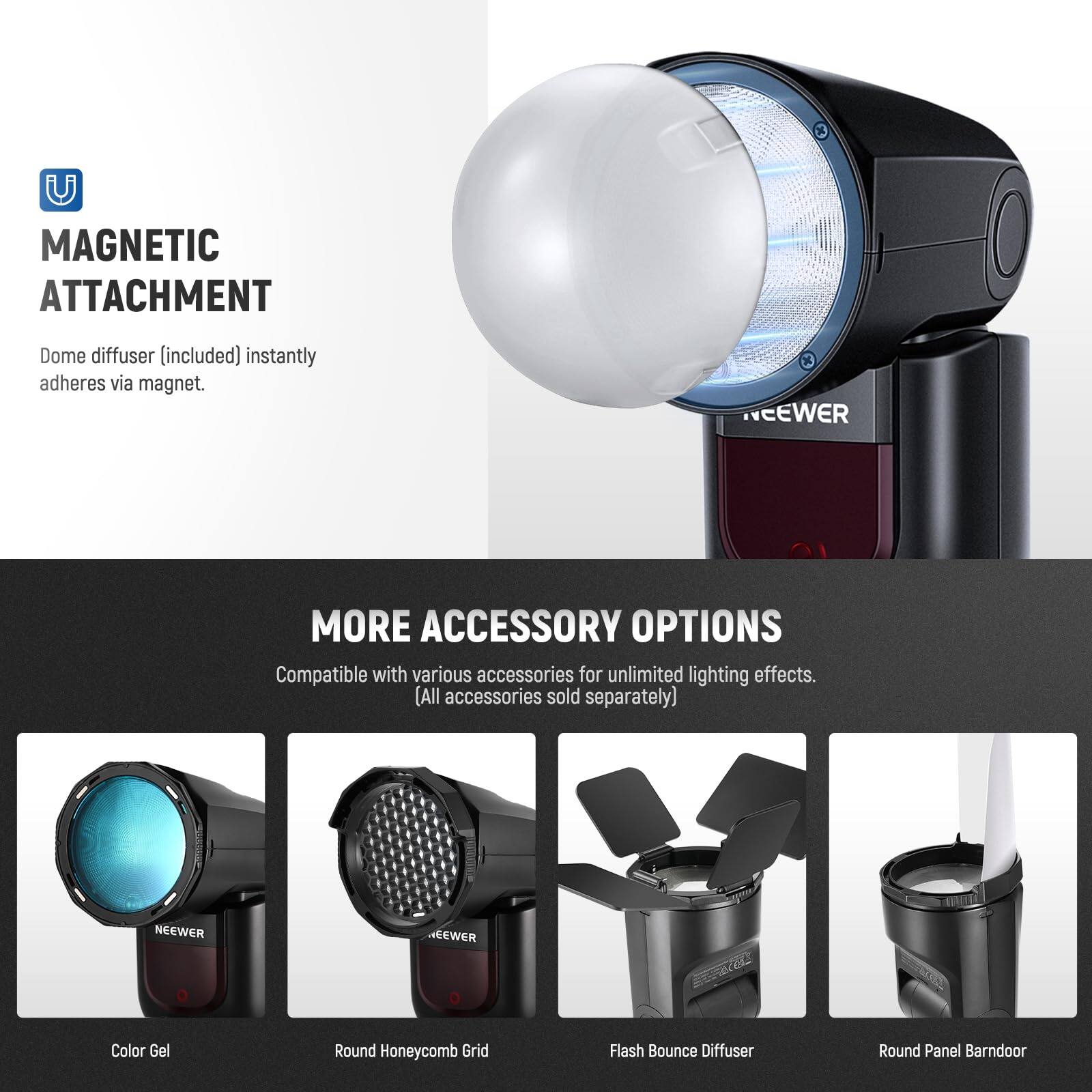 MAGNETIC ATTACHMENT  
Dome diffuser (included) instantly adheres via magnet.  

MORE ACCESSORY OPTIONS  
Compatible with various accessories for unlimited lighting effects. (All accessories sold separately)  

NEEWER  
Color Gel  
Round Honeycomb Grid  
Flash Bounce Diffuser  
Round Panel Barn Door