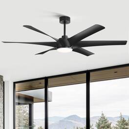 Breezary - 65" Large Indoor Ceiling Fan with Remote Control, 6 ABS Blades, 6-Speed DC Motor, 7"/12" Downrods, Light/No Light Option - Matte Black (With Light)