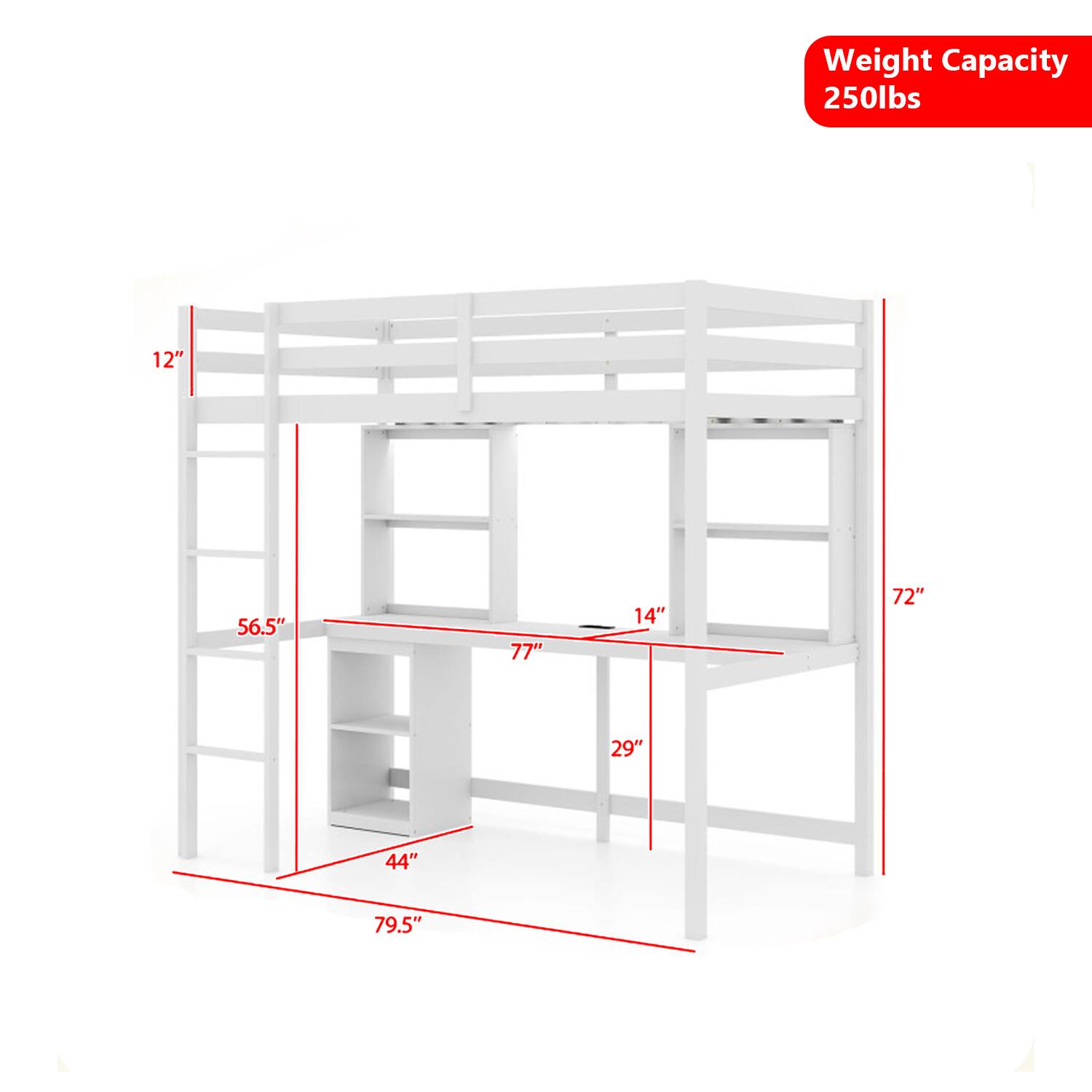 Weight Capacity: 250lbs  
Dimensions:  
- 12"  
- 56.5"  
- 77"  
- 14"  
- 72"  
- 29"  
- 44"  
- 79.5"