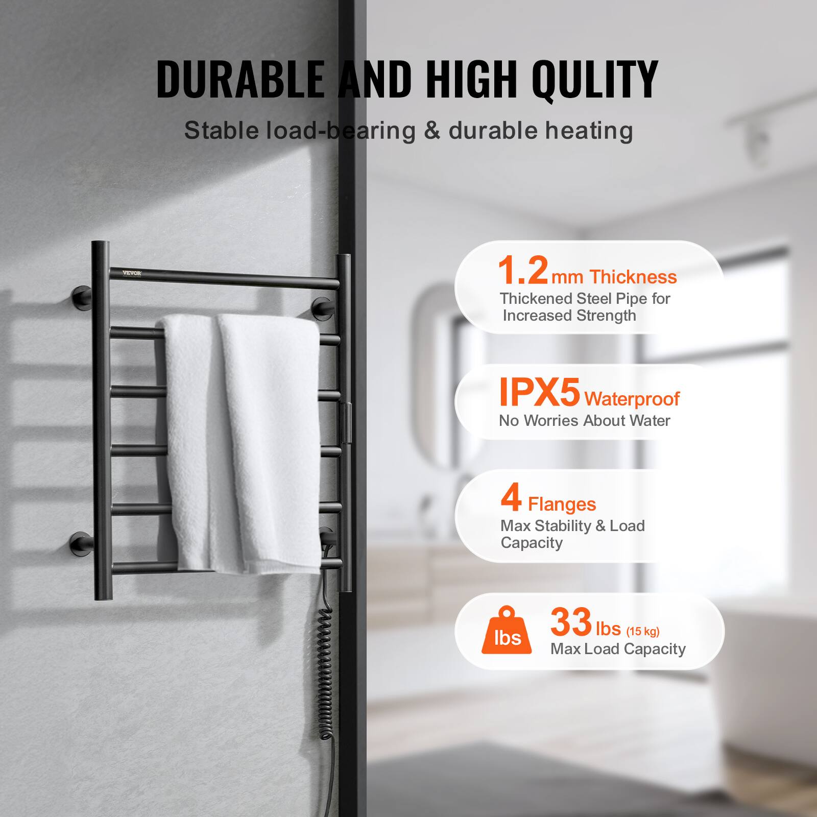 DURABLE AND HIGH QUALITY  
Stable load-bearing & durable heating  

1.2 mm Thickness  
Thickened Steel Pipe for Increased Strength  

IPX5 Waterproof  
No Worries About Water  

4 Flanges  
Max Stability & Load Capacity  

33 lbs (15 kg)  
Max Load Capacity