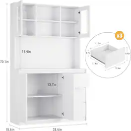 Homhougo - Freestanding Pantry Cabinet, 4 Doors & 3 Drawers, Built-In Power Outlet - White