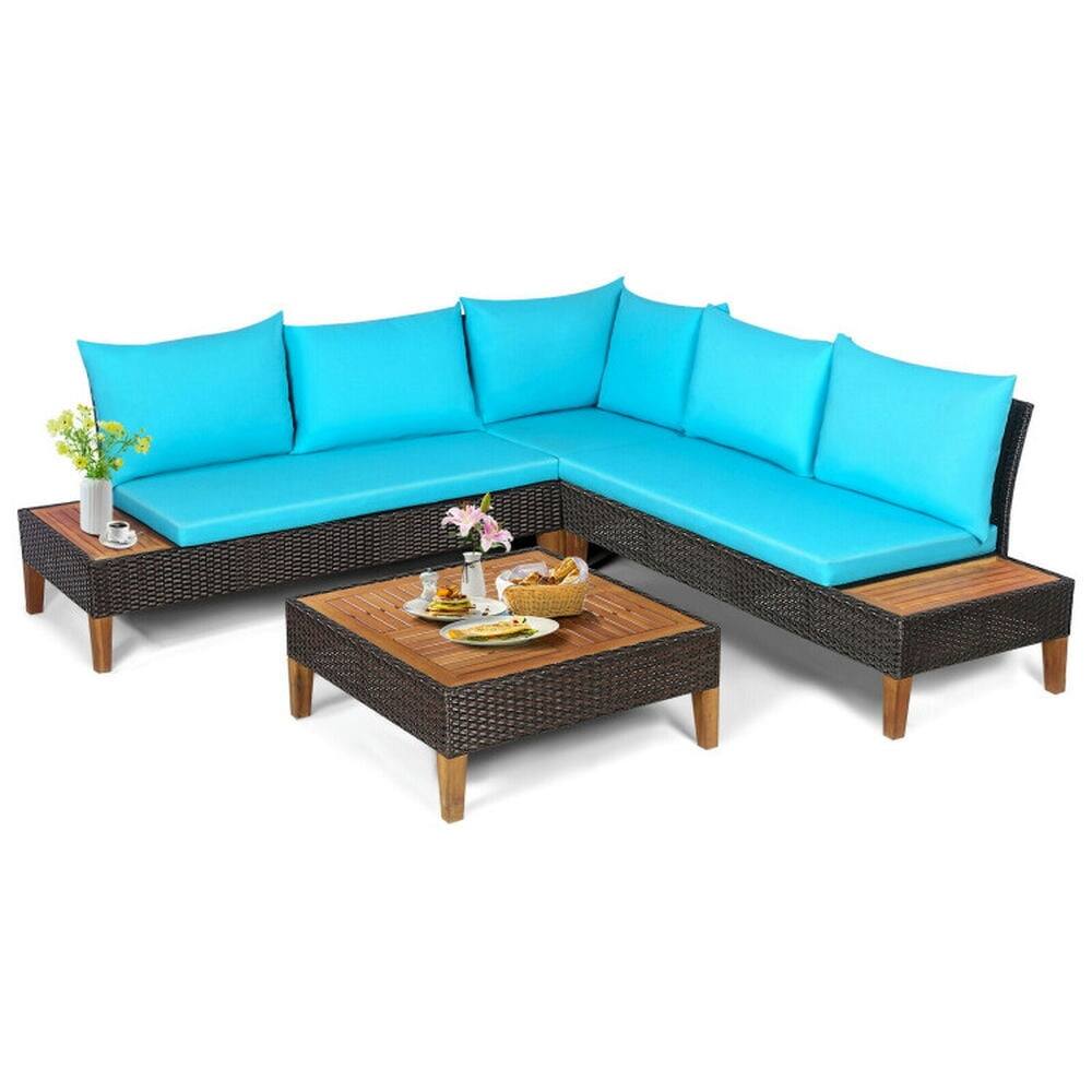 Alt View 1. Pefilos - 4 Pieces Patio Cushioned PE Rattan Furniture Set with Wooden Side Table, Furniture Set with 6 Back Cushions and 3 Seat - Blue.