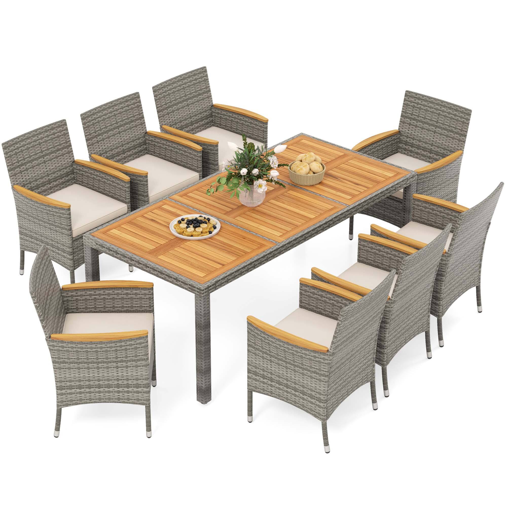 Alt View 9. Costway - 9 PCS Patio Dining Set for 8 Table and PE Rattan Chairs with 2" Umbrella Hole - Mix Gray,Off White.