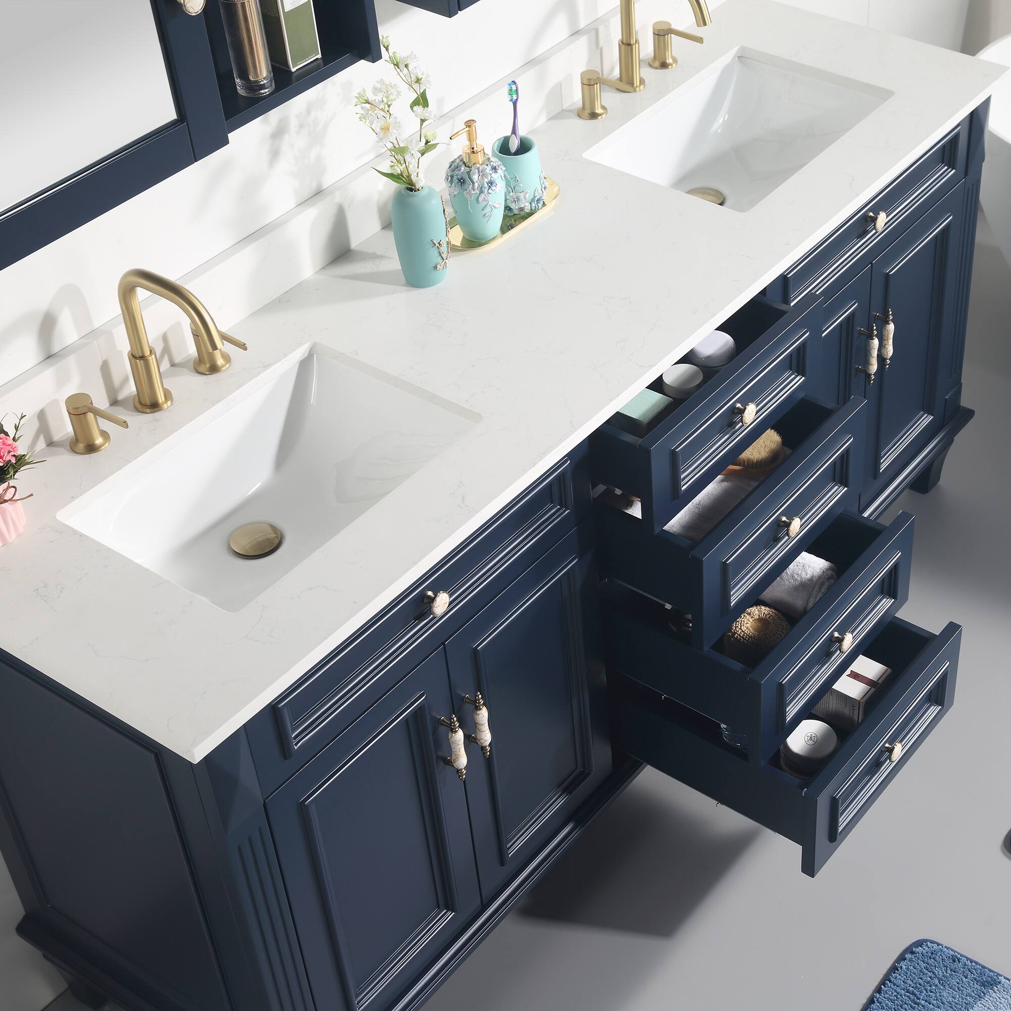 Left. WELLFOR - ARTWOOD 72 in. Solid Wood Bath Vanity with Quartz Top, Double Sink, Soft Close, Assembled - Navy Blue.