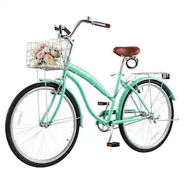 VEVOR - Women Bike, 26 in Beach Cruiser Bike, Single-Speed Adult City Bicycle with Steel Frame, 330 lbs Capacity, Basket - Light Green