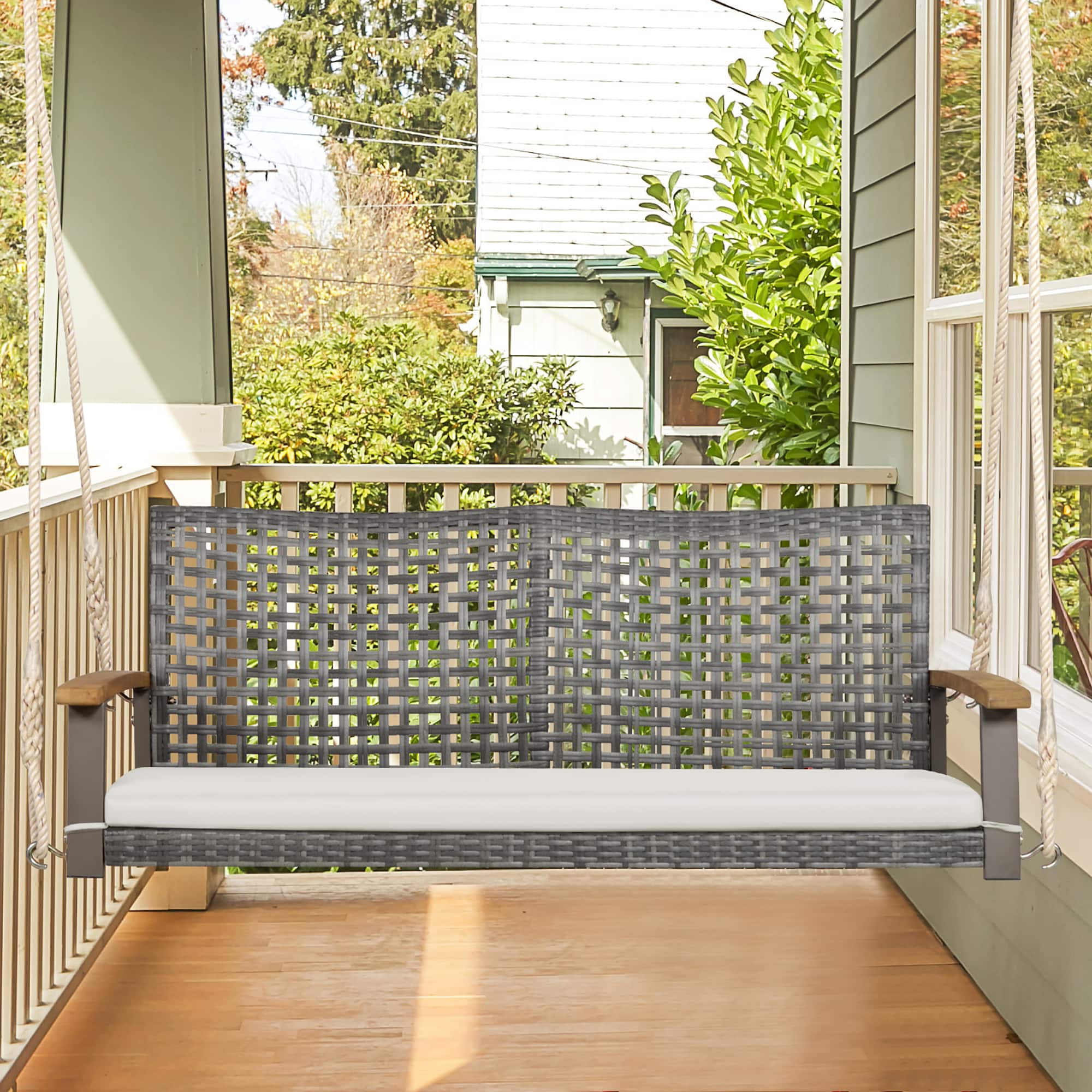 Gymax - Rattan Patio Porch Swing 2-Person Cushioned Swing Chair Bench w/ Hanging Ropes - Off White