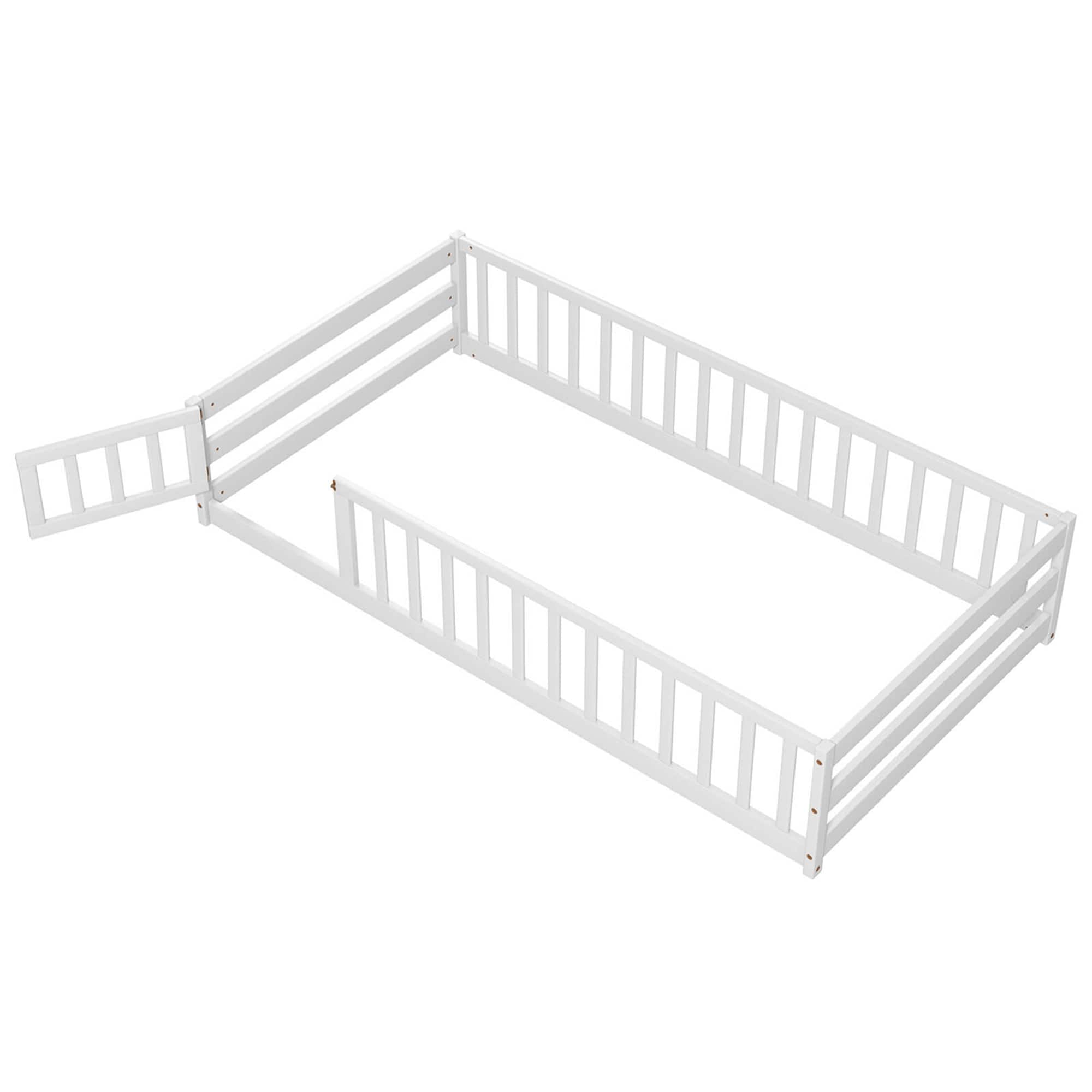 Front. Costway - Twin Size Floor Bed with Door & Fence with Safety Guardrails & Slats Support - White.