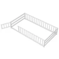 Costway Twin Size Floor Bed with Door & Fence with Safety Guardrails & Slats Support - White - Front_Zoom