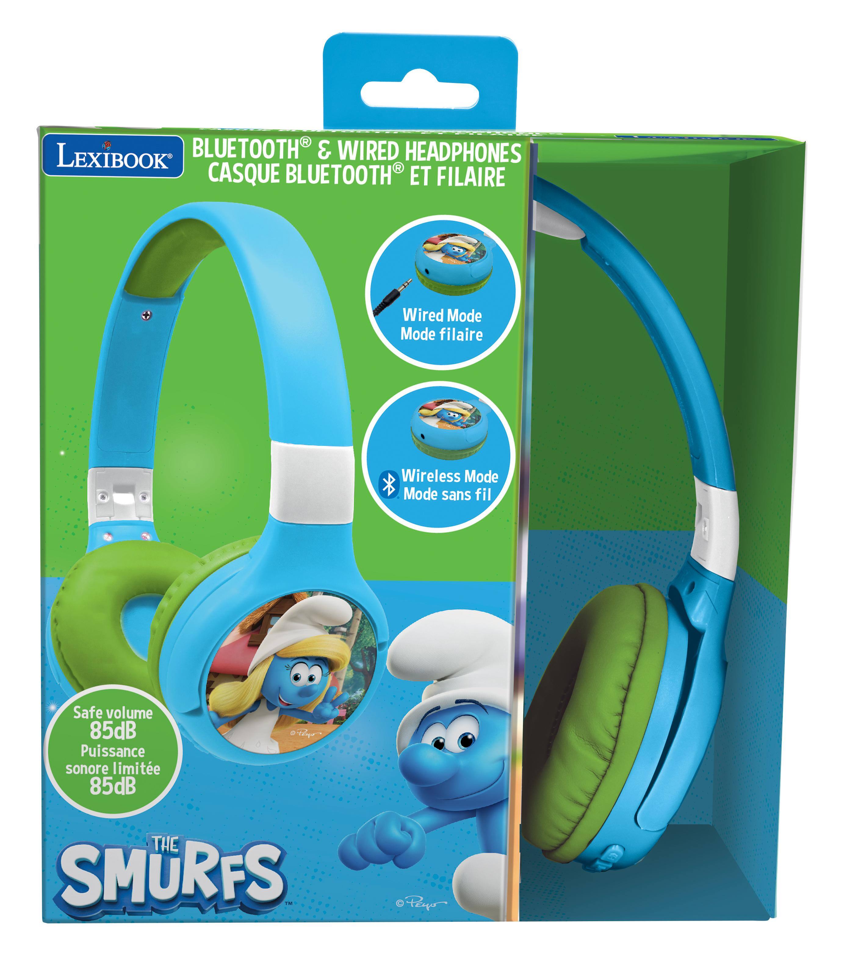 LEXIBOOK BLUETOOTH & WIRED HEADPHONES  
CASQUE BLUETOOTH ET FILAIRE  

- Wired Mode  
  Mode filaire  

- Wireless Mode  
  Mode sans fil  

- Safe volume 85dB  
  Puissance sonore limitée 85dB  

THE SMURFS