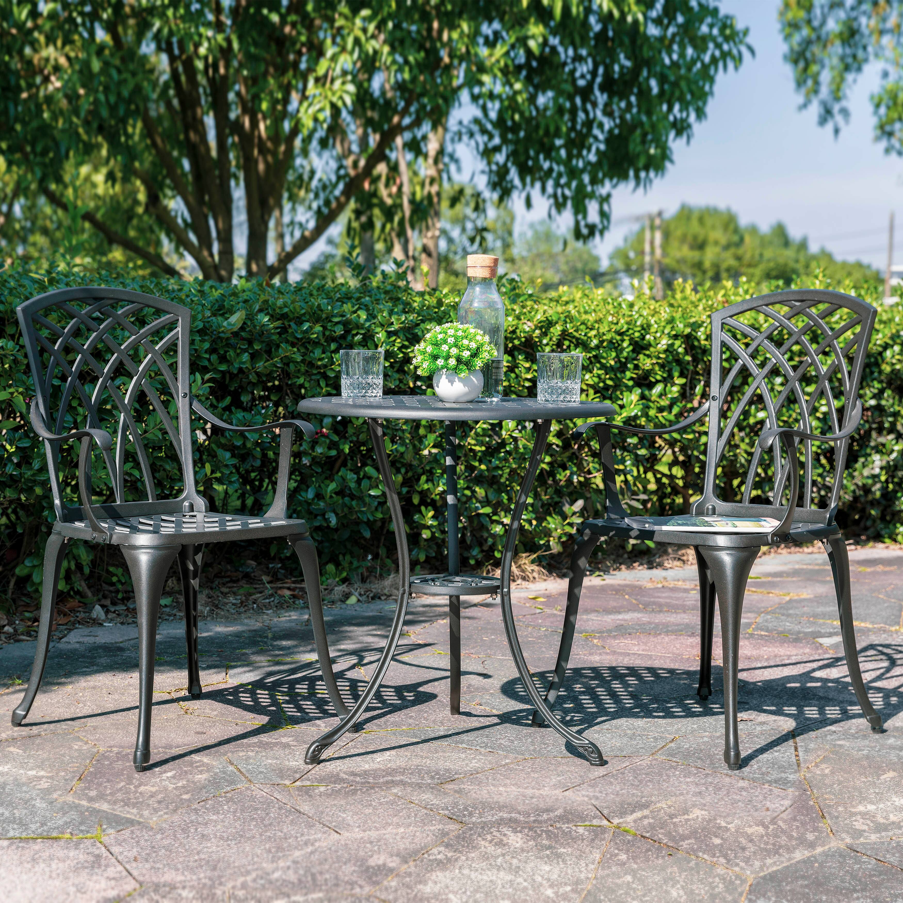 Alt View 4. Nuu Garden - 24 Inch Cast Aluminum Bistro Table with Umbrella Hole and 2 Bistro Chairs - Black.