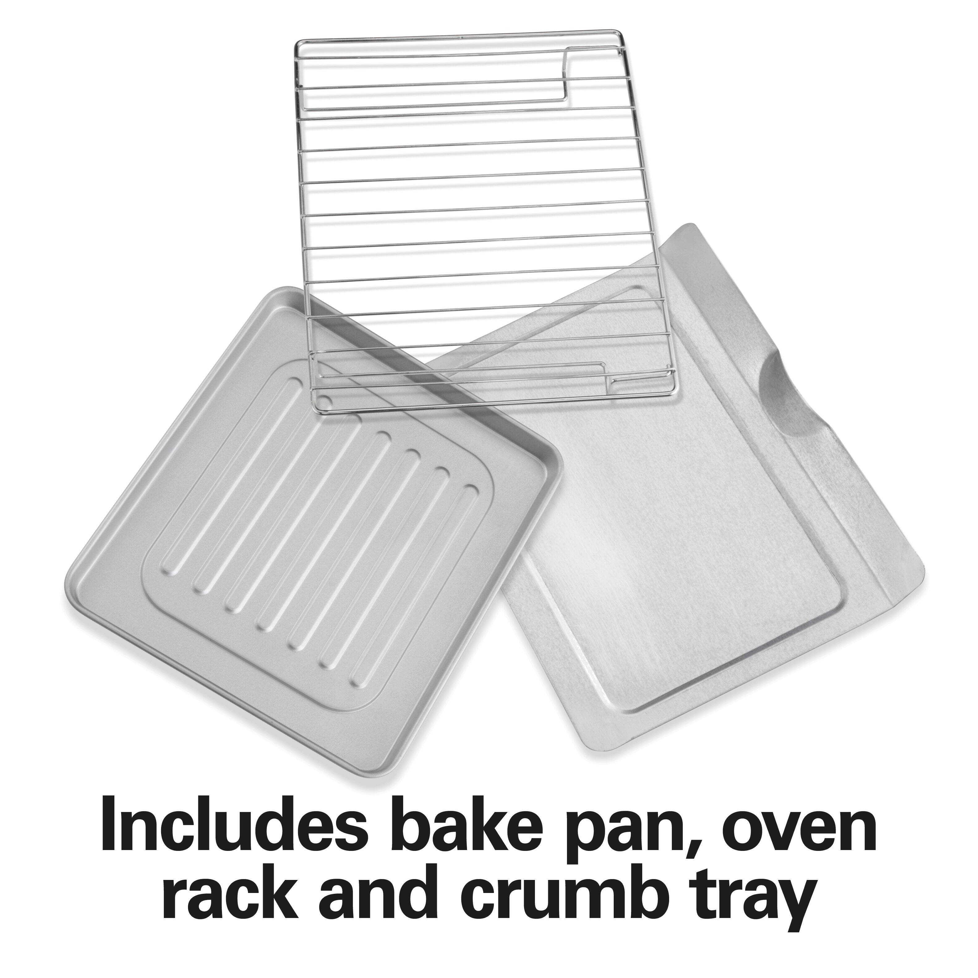 Includes bake pan, oven rack and crumb tray