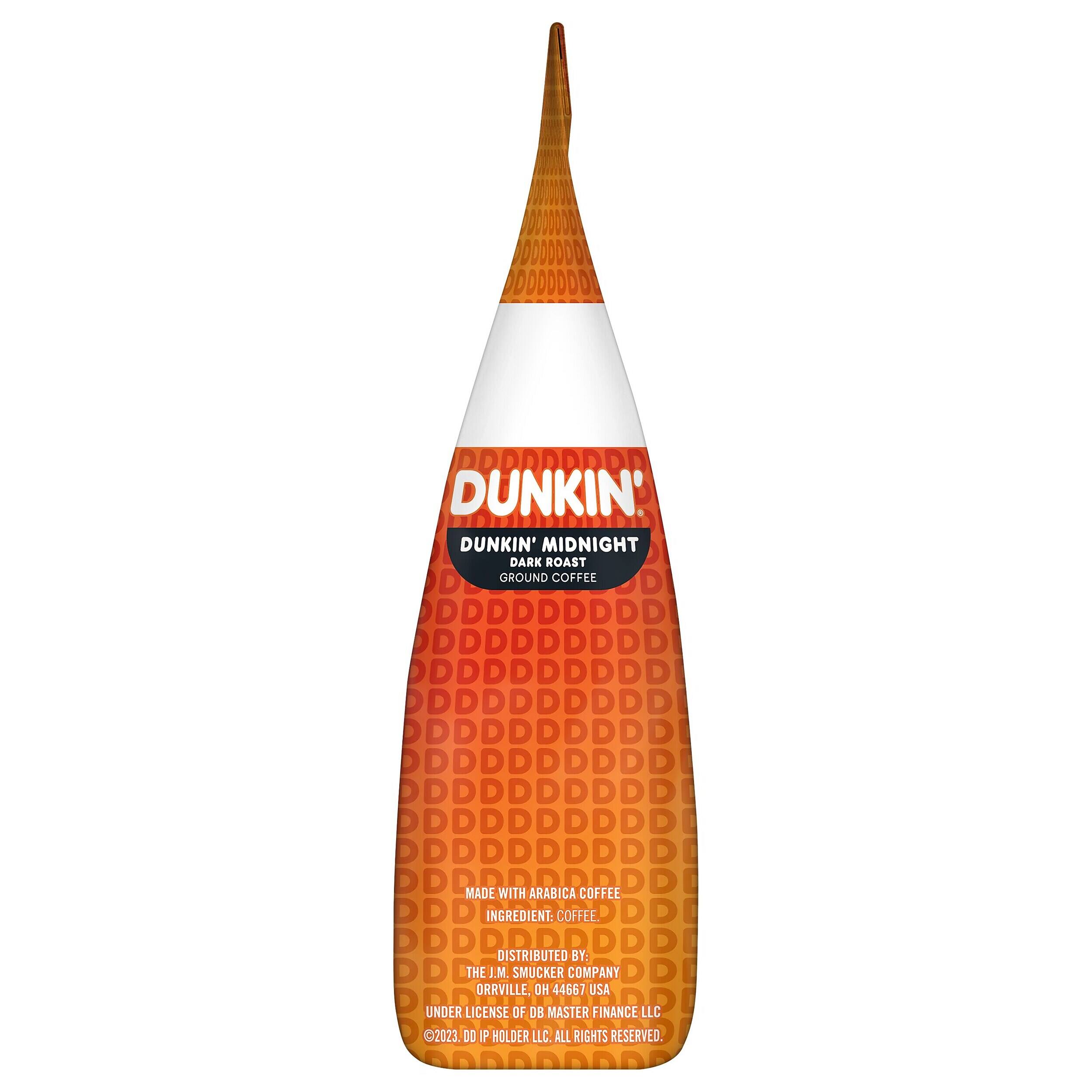 000000 DDOODDD ODDDDDDD DUNKIN' DUNKIN' MIDNIGHT DARK ROAST GROUND COFFEE MADE WITH ARABICA COFFEE INGREDIENT: COFFEE DISTRIBUTED BY: THE J.M. SMUCKER COMPANY ORRVILLE, OH 44657 USA UNDER LICENSE OF 08 MASTER FINANCE LLC 2023 D0 P HOLDER LLC. ALL RIGHTS RESERVED.