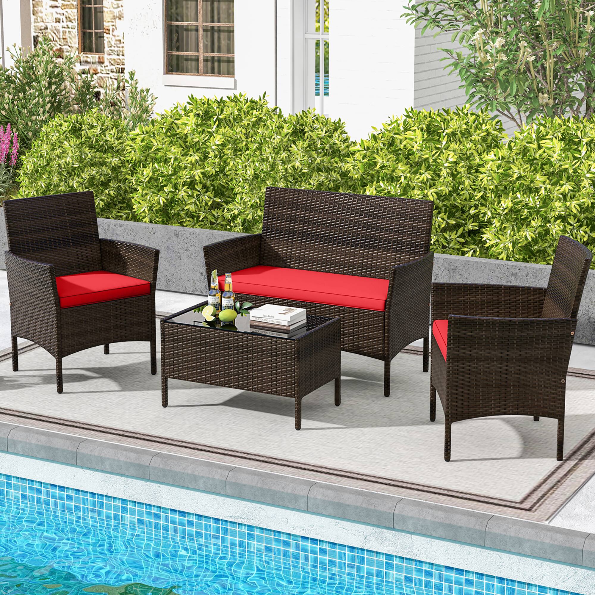 Alt View 1. Gymax - Gymax 4 PCS Patio Furniture Set w/Washable Cushions & Tempered Glass Coffee Table - Mix Brown, Red.