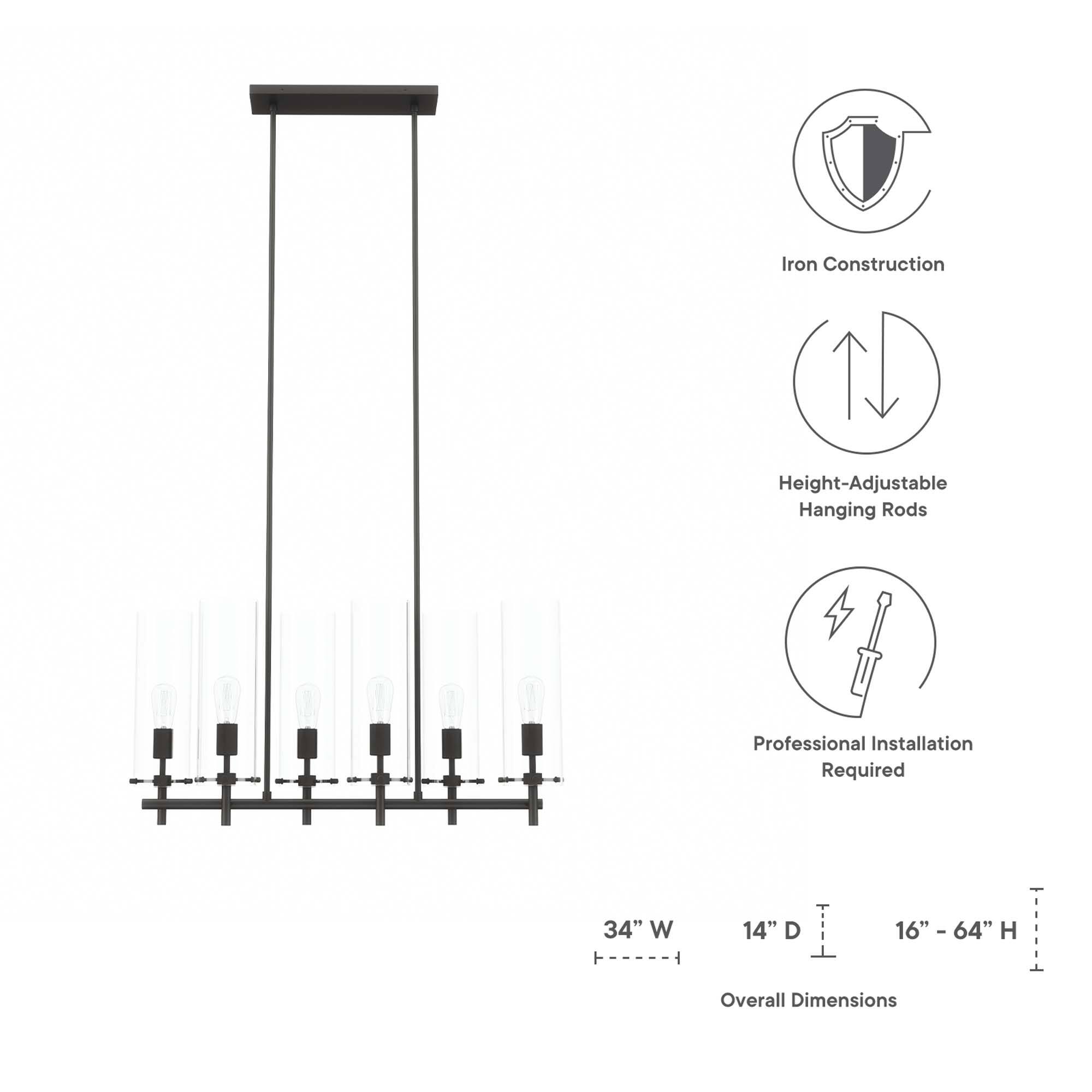Iron Construction  
Height-Adjustable Hanging Rods  
Professional Installation Required  

Overall Dimensions:  
34" W x 14" D x 16" - 64" H