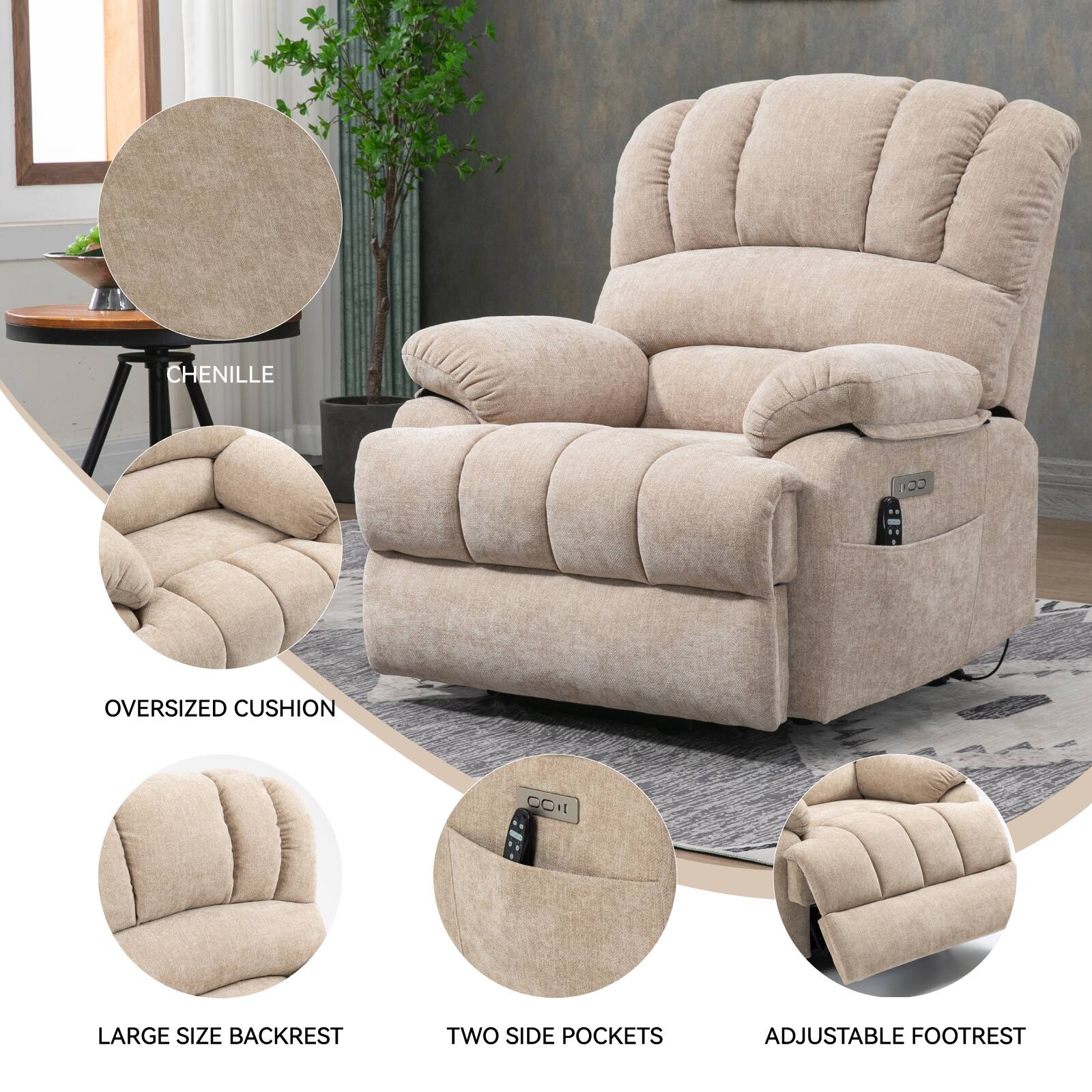 CHENILLE 100  
OVERSIZED CUSHION  
COI LARGE SIZE BACKREST  
TWO SIDE POCKETS  
ADJUSTABLE FOOTREST