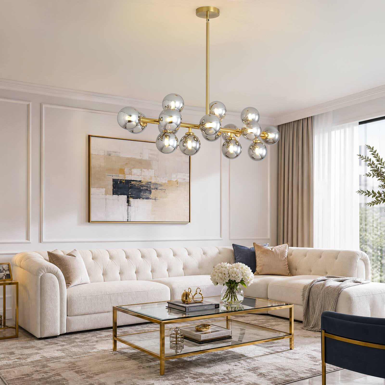 Alt View 3. Siljoy - 39.4 Inch Linear Modern Gold Molecular Chandelier, Smoked Glass Globe Pendant Light for Dining Room, Kitchen Island - Smoked Glass.