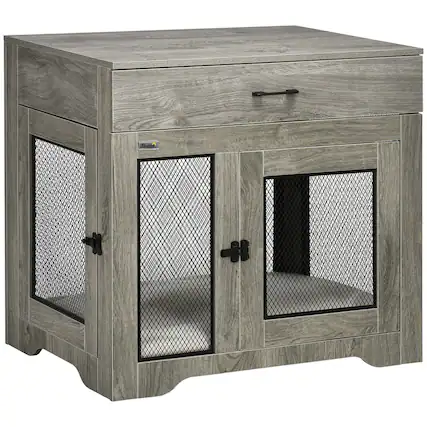 Front. Siljoy - Dog Crate End Table with Washable Cushion & Drawer, 2‑Door Kennel for Medium Dogs up to 44 lbs.
