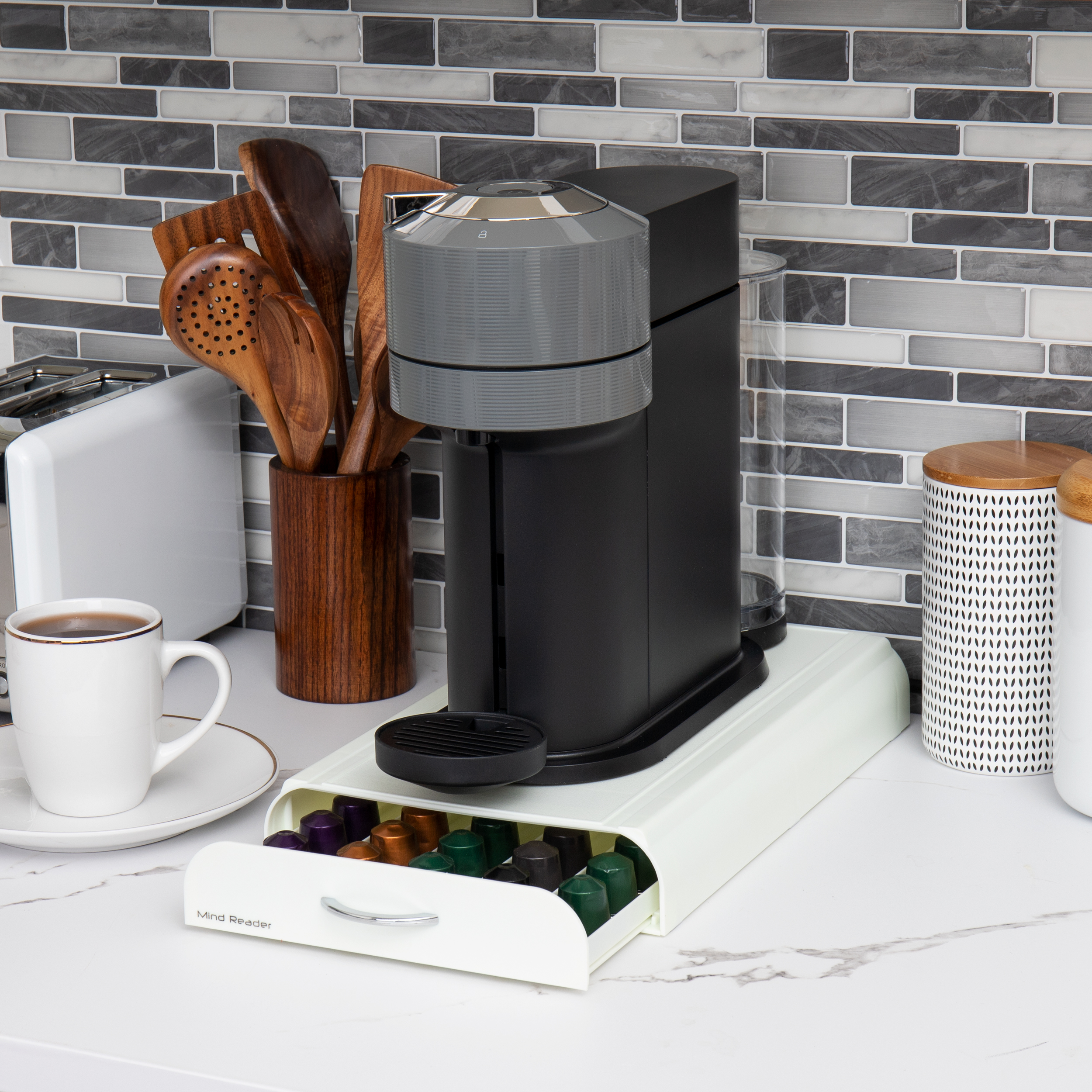 Left View: Mind Reader - Nespresso Compatible Capsule Drawer, Countertop Organizer, Coffee Pod Holder, Storage, 9.25"L x 15"W x 2"H - White