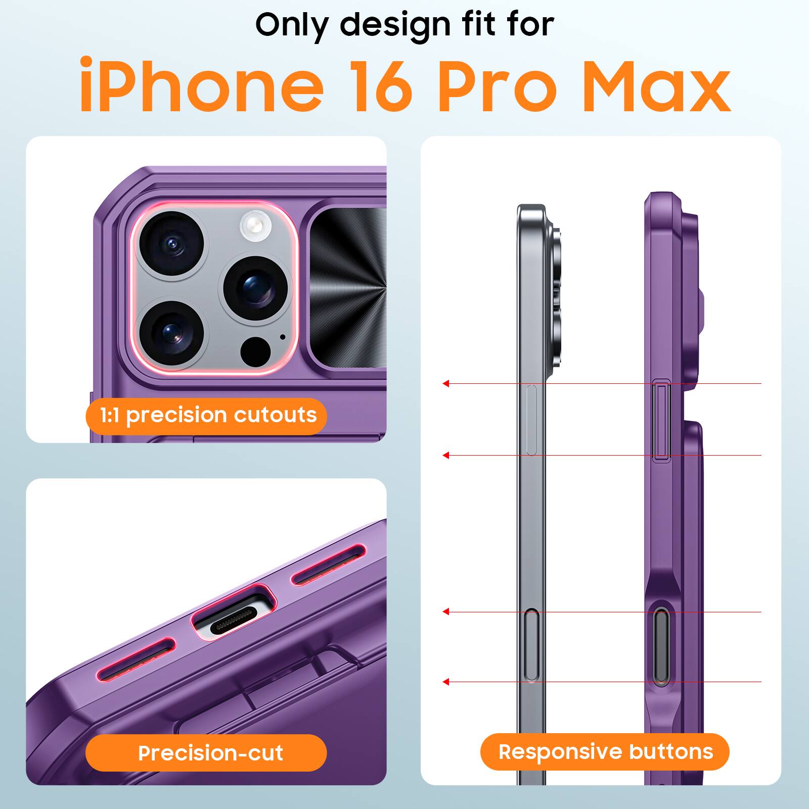 Only design fit for iPhone 16 Pro Max

1:1 precision cutouts

Precision-cut

Responsive buttons