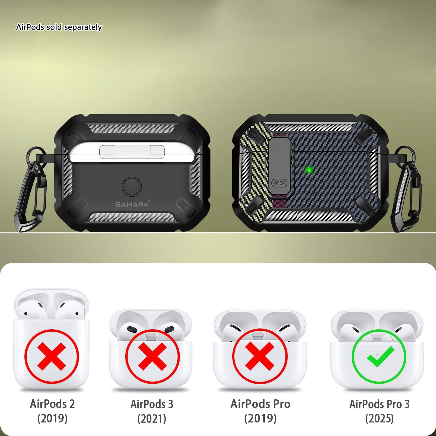 AirPods sold separately

- AirPods 2 (2019) ❌
- AirPods 3 (2021) ❌
- AirPods Pro (2019) ❌
- AirPods Pro 3 (2025) ✅