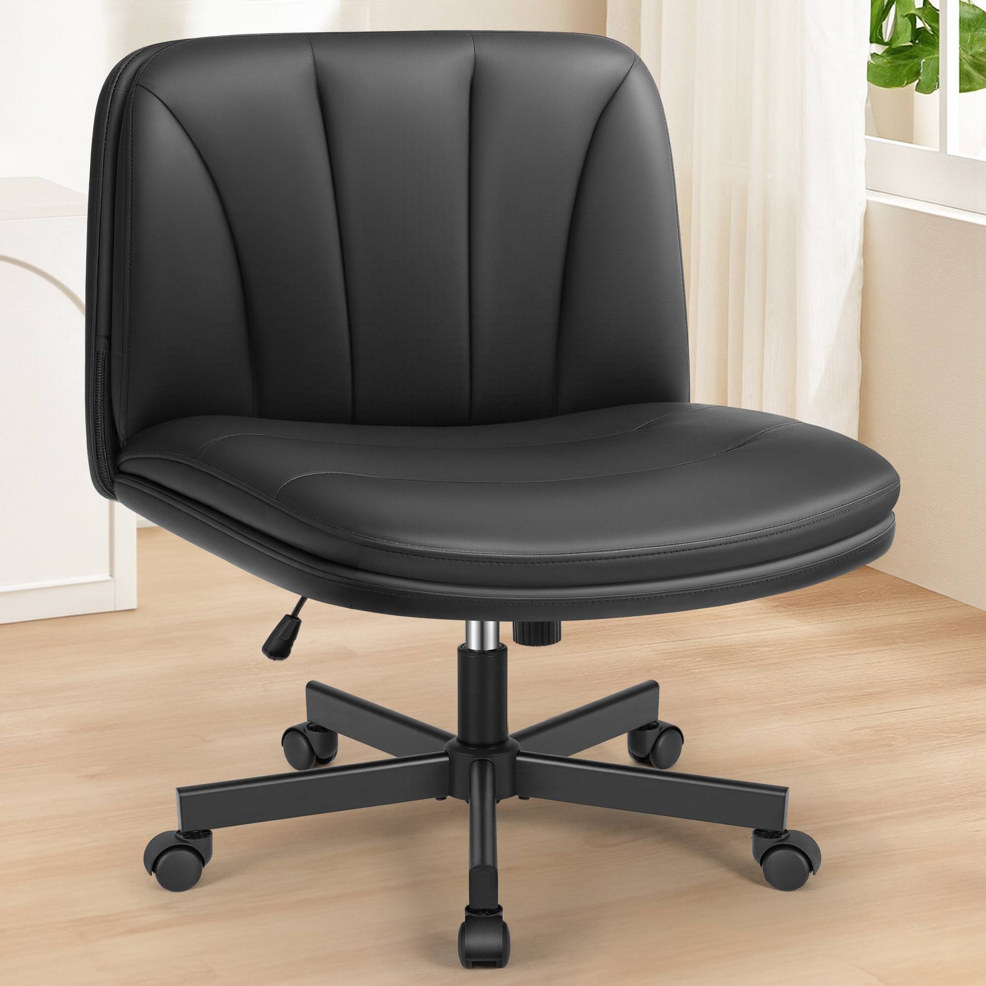 Left. Brick Attic - Criss Cross Office Chair with Wheels, Armless Wide Dressing Table Chair with Backrest Comfortable PU Leather - Black.